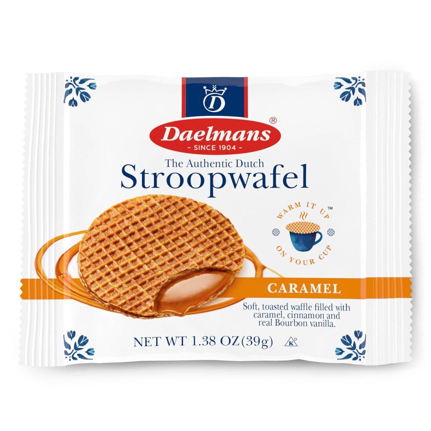 Daelmans Stroopwafel Caramel - The Original Stroopwafels, Toasted Dutch Waffle Cookies w/a Creamy & Buttery Filling, Made In Holland, Individually Wrapped - Caramel Cookie Waffles, 8x1