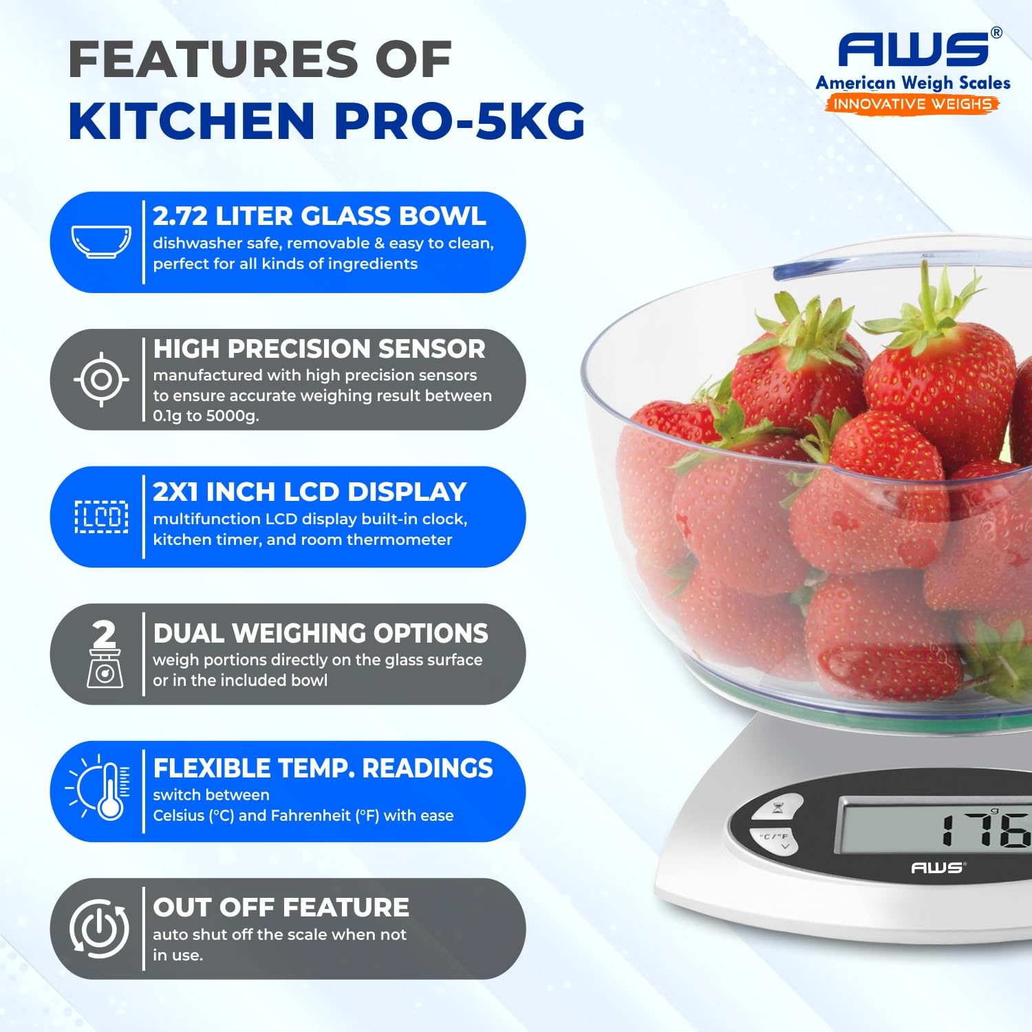 AWS Kitchen Pro - Báscula digital de precisión para alimentos de 0,1 g/0,001 onzas con vidrio templado, cuenco apto para lavavajillas, tara, temporizador, reloj y pantalla de temperatura ambiente |
