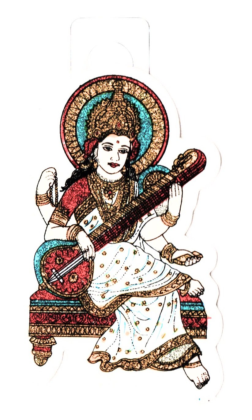 Indiabazaar Traditional Saraswati Mataji Glitter Sticker - Adhesive Sticker – Hindu Religious Sticker