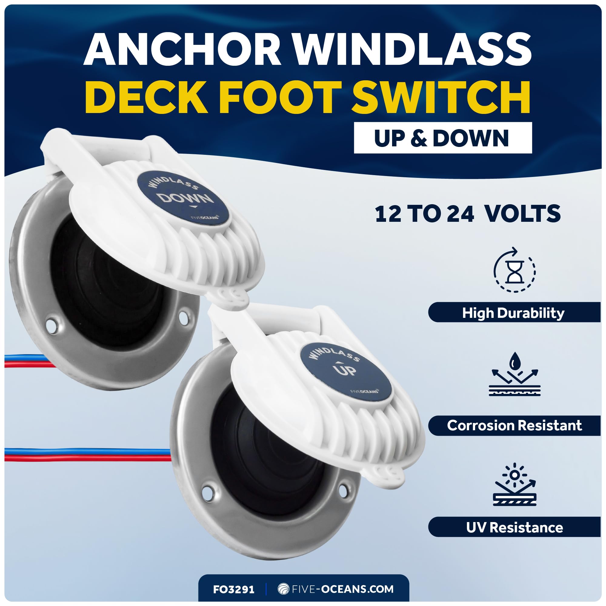 Five Oceans Windlass Foot Switch - Covered Anchor Windlass Deck Foot Switch UpDown Single Direction Switches White UV-Stabilized Plastic Hinged Cover 12-24-Volts 5-Amp - FO3291 product thumbnail 3