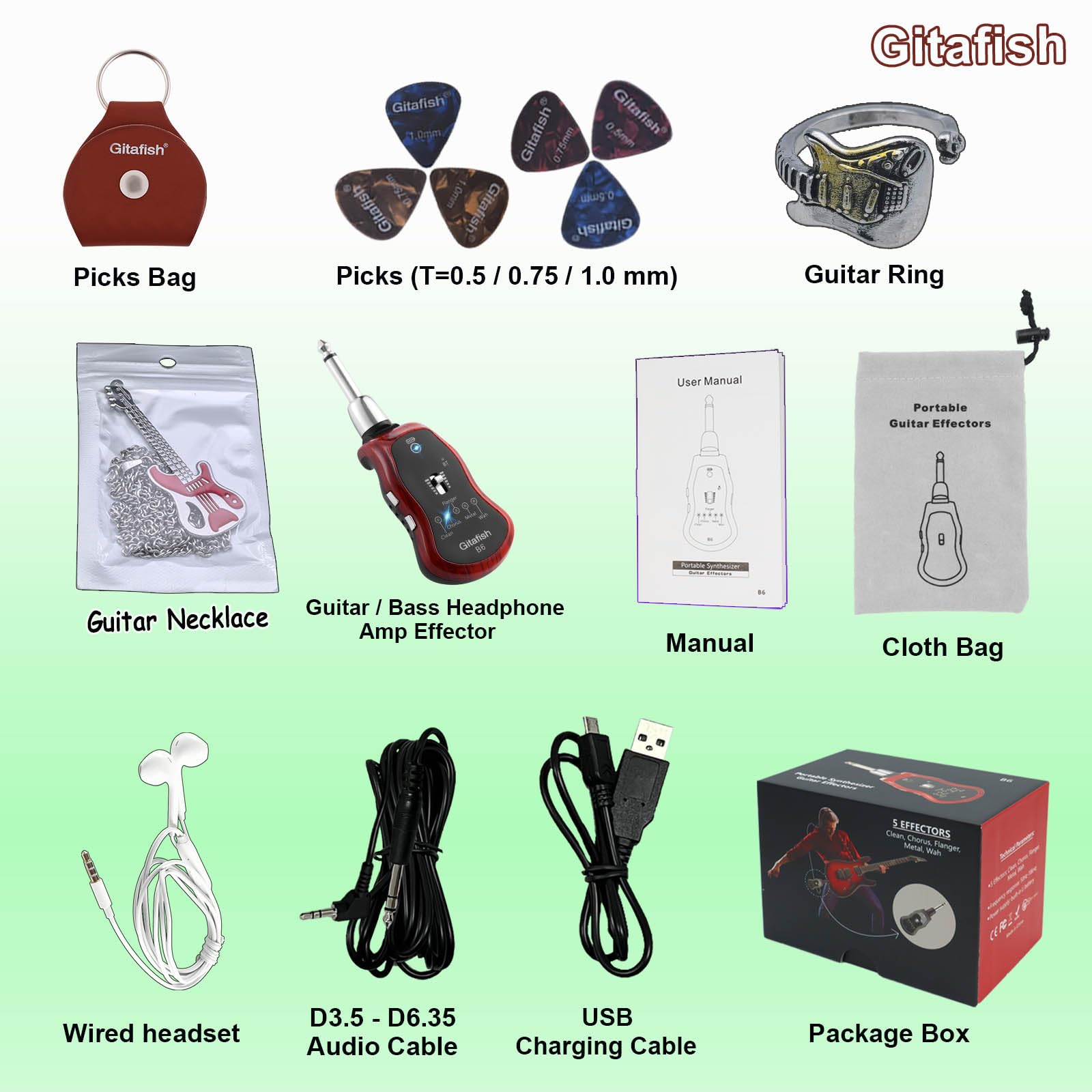 Bass-Kopfhörer-Verstärker, tragbarer Bluetooth-Kopfhörer, Gitarren-Kopfhörer, Bluetooth-Kopfhörer-Verstärker, Gitarren-Halskette, tragbarer Bassverstärker, mehrere Effekt-Verstärker: Chorus