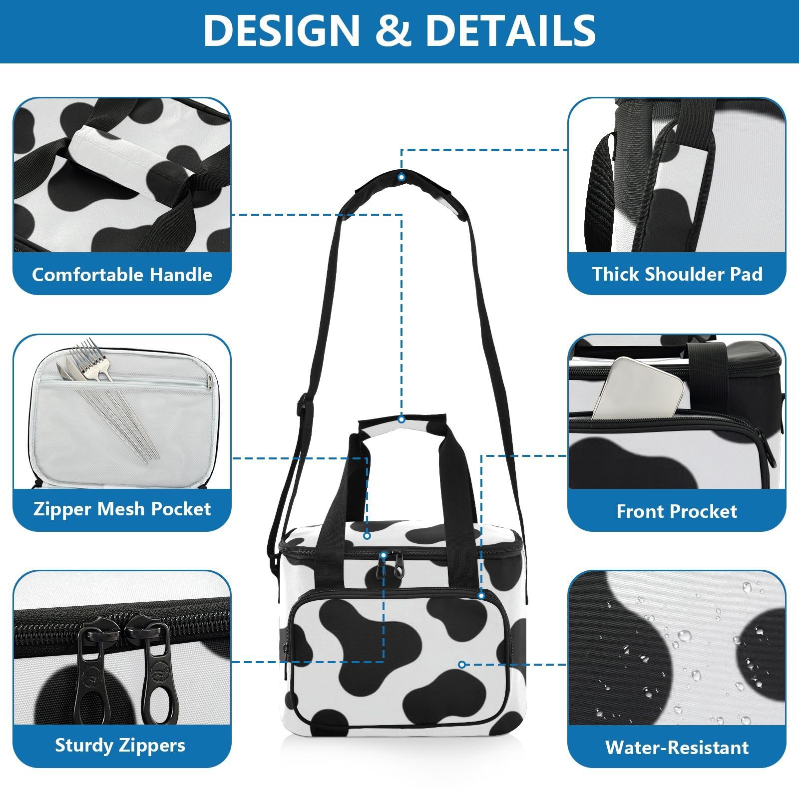 Wudan Portador clásico de picnic de vaca negra y blanca, talla única, para amantes de la playa y al aire libre