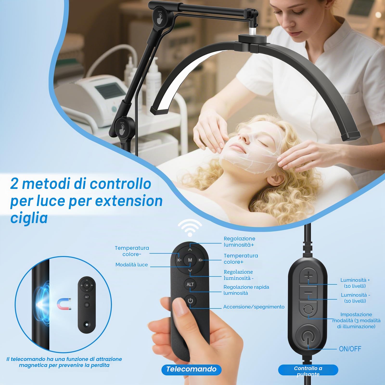 CGBE Lampada Extension Ciglia da Terra: LED Lampada Mezza Luna Ciglia con Porta Cellulare - Base Mobile - Testa Rotabile a 360° - Luminosità e Altezza Regolabili - per Ciglia/Cura della Pelle/Tatuaggi