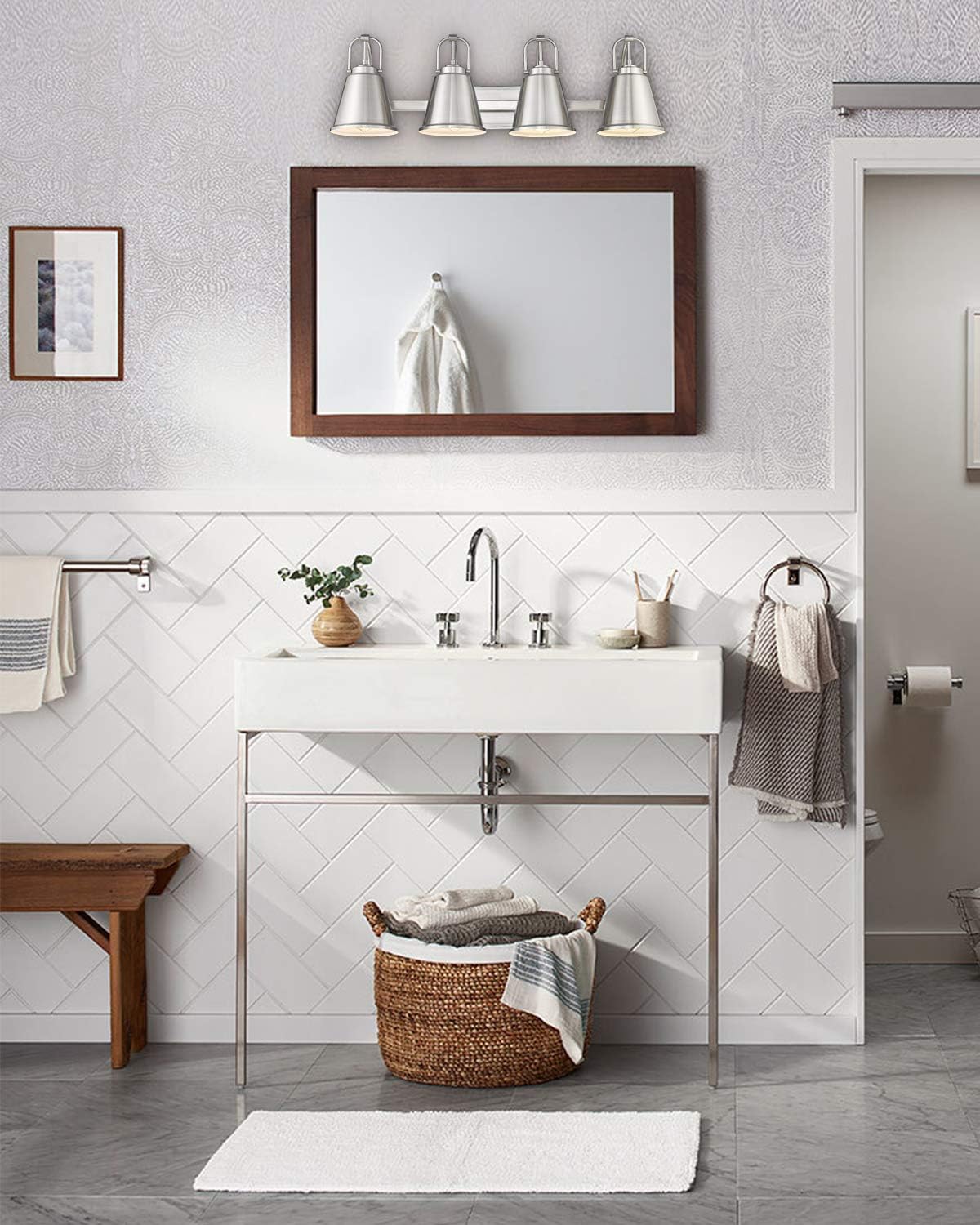 🔥 Crazy Deals FEMILA Bathroom Vanity Wall Light, 4-Lights Vintage Wall Sconce Lighting with Metal Shades, Brushed Nickel Finish for Bathroom Bedroom Kitchen Living Room, 4FH08-4W BN