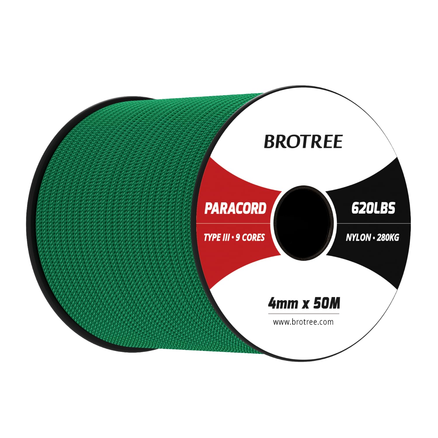 Brotree Paracord 4mm 50M 9 Strands 100% Nylon Rope Type 3 Parachute Cord for Outdoor, Bracelet, DIY - 280kg Breaking Load (Kelly Green)