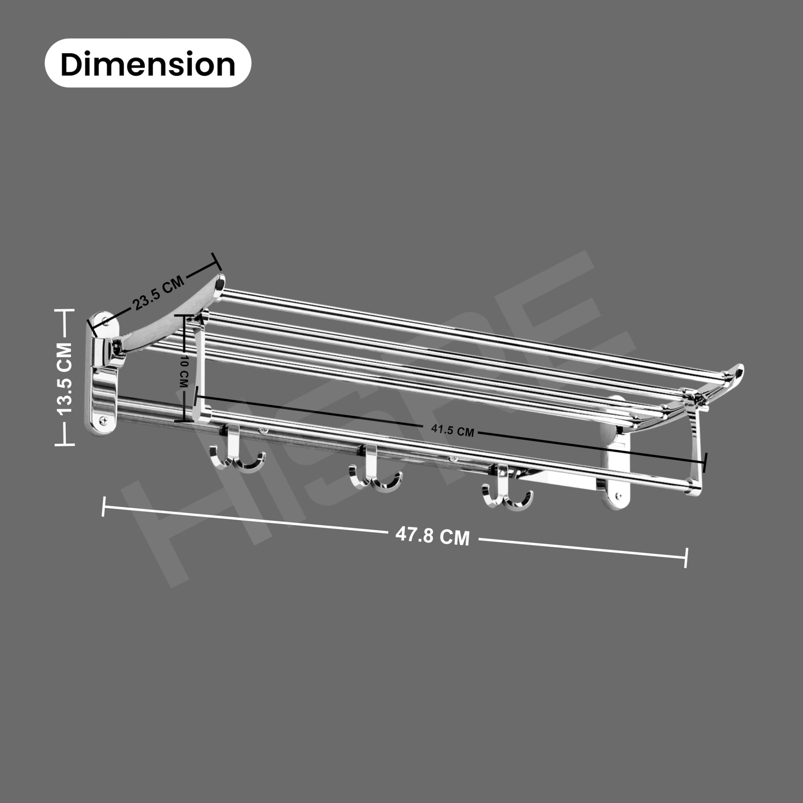 HISRE Wall Mounted Towel Rack with Shelf and Hooks | Stainless Steel Bathroom Towel Holder | Rustproof Bath Organizer with Top Storage Shelf | Chrome Finish, photo 3 of 5