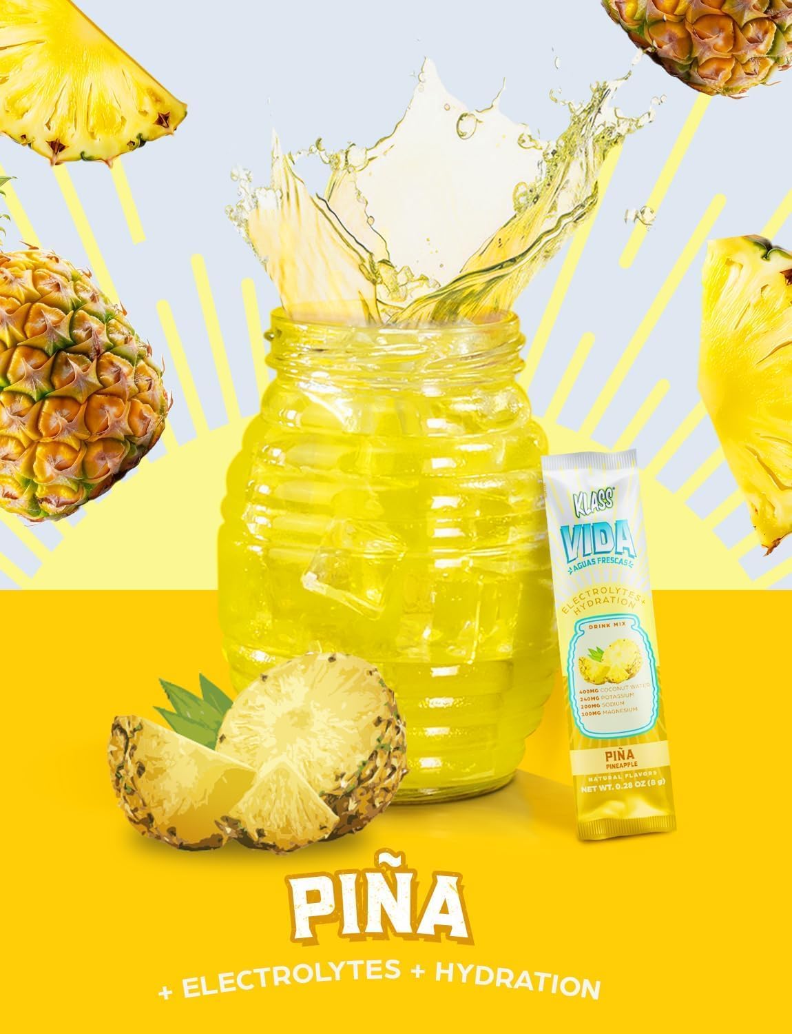 KLASS VIDA Electrolyte Drink Mix – Pineapple Agua Fresca Flavor | Sugar-Free Hydration Powder with Coconut Water & Minerals | 15 Single-Serve Stick Packs, Low Calorie, Natural Flavor