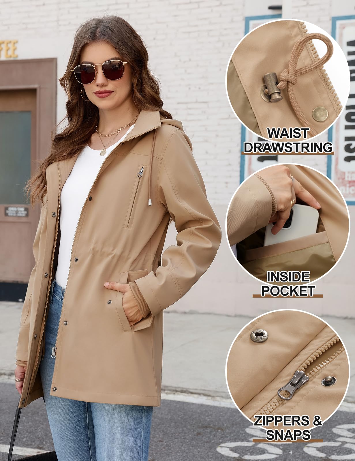 CMTOP Giacca da Donna Leggero Idrorepellente Giacca Mezza Stagione Donna, Elegante Zip Up Giacchetto Media Lunghe Militare Giubbotti Parka Jacket con Cappuccio e Molte Tasche