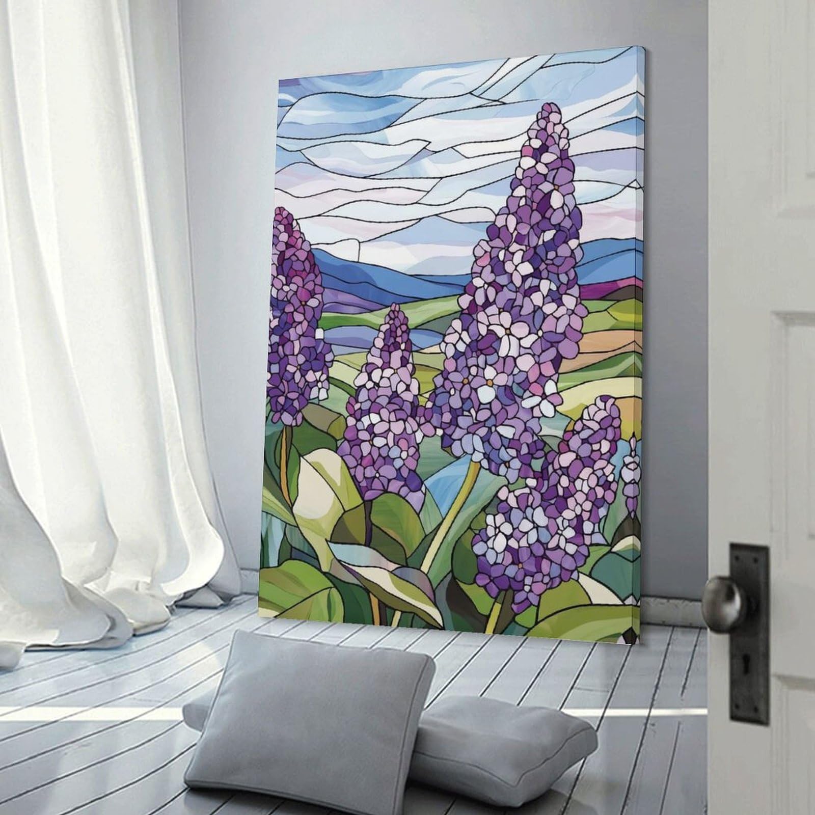 Junmoney Wall Picture Print Lilac Flowers in Stained Glass, 20x30inch(50x75cm), for Living Room, Lounge Or Sitting Room, A Home Accent with Warm Character