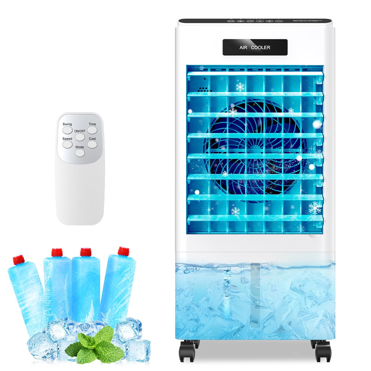 portable air conditioners, 3-in-1 ac cooling fan 3 modes 3-speed with remote control & 4 ice boxes, evaporative air cooler with large tank 20h cooling, for home, bedroom, kitchen (white)