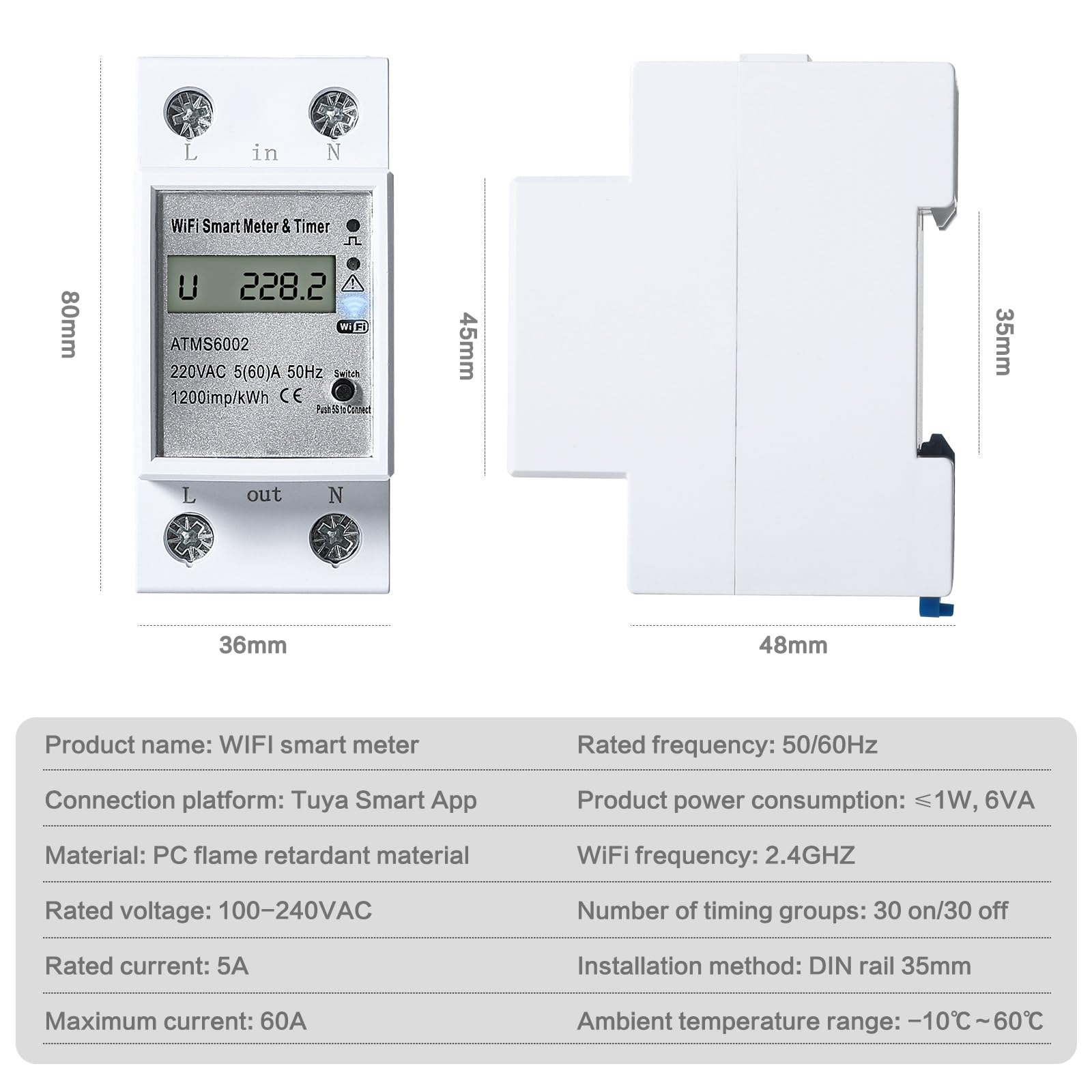Jadeshay Contatore Energia Elettrica WiFi,Misurator di Consumo Elettrico Monofase Smart Timer Tuya Temporizzazione Remota Controllo App Vocale 60A 100-240VAC