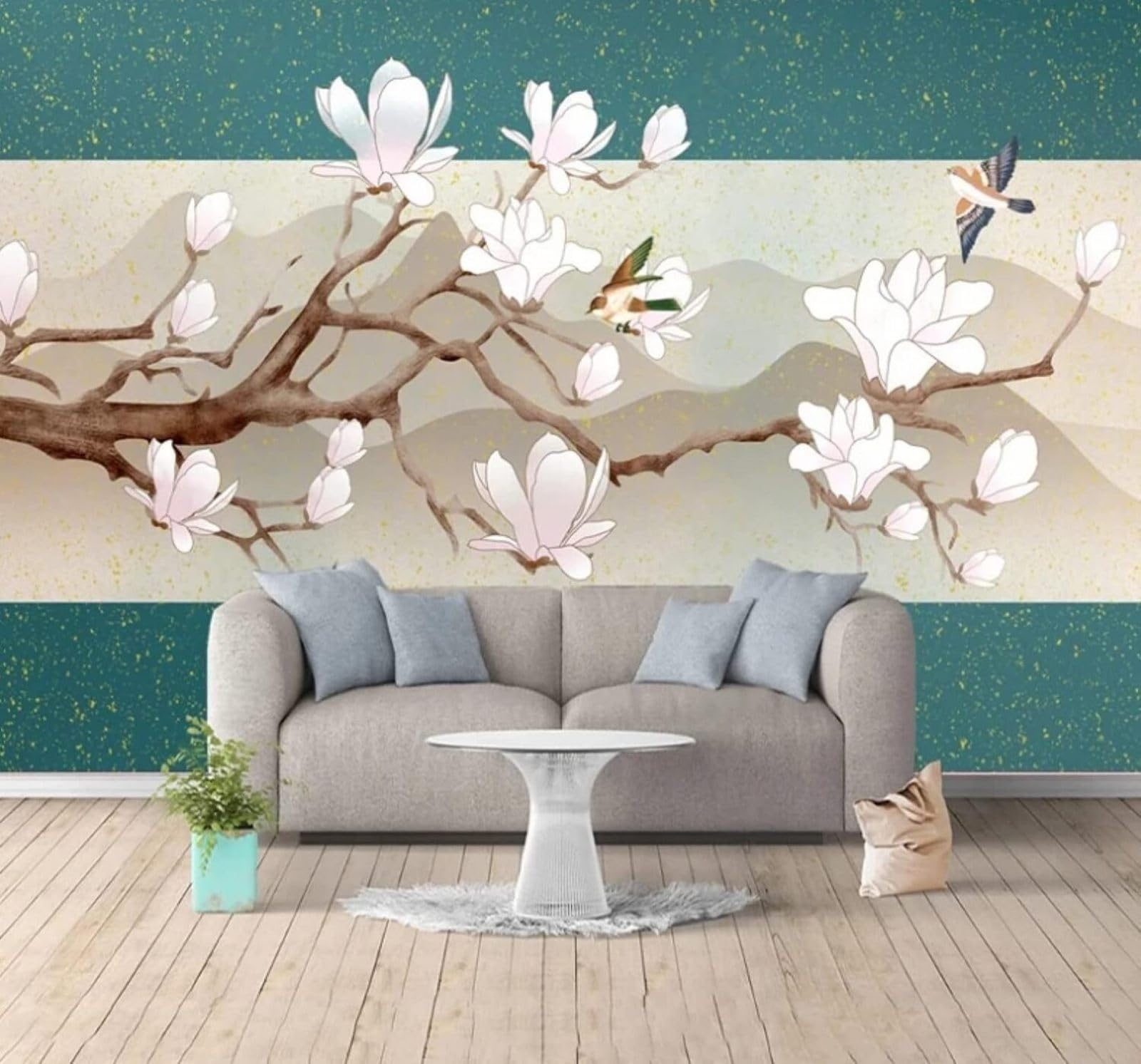 Hand Drawn Elegant Mountains Flowers and Birds Landscapes 3D Wallpaper Easy Install Feature Office Living Room Sofa Bedroom TV Background Wall Decoration-400cm×280cm