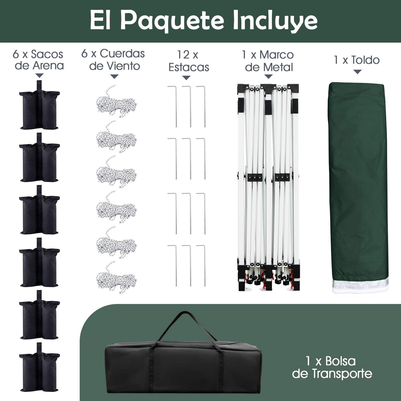 COSTWAY Carpa Plegable 3x6m, Pergolas de Jardin Pop UP, Protección UV 50+ Impermeable, Bolsa de Transporte, Cenadores Pabellón Jardin Exteriores, 6 Sacos de Arena (Verde)