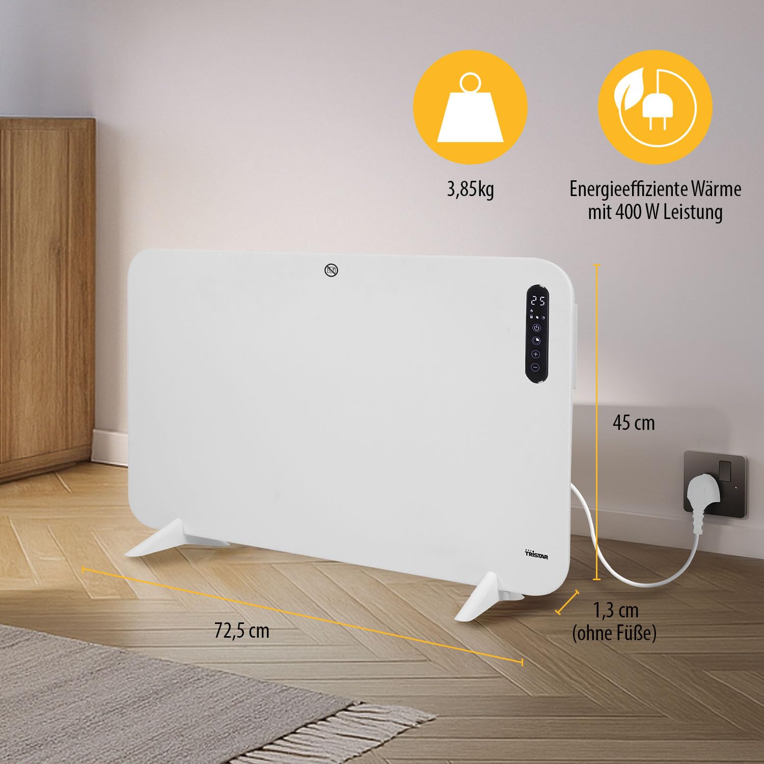 Tristar Infrarot-Heizpaneel 400W – Einstellbarer Thermostat – 24h Timer – ECO-Modus – LED-Display – Fernbedienung – Wand- oder Standmontage – Kindersicherung – IP44 – KA-5092