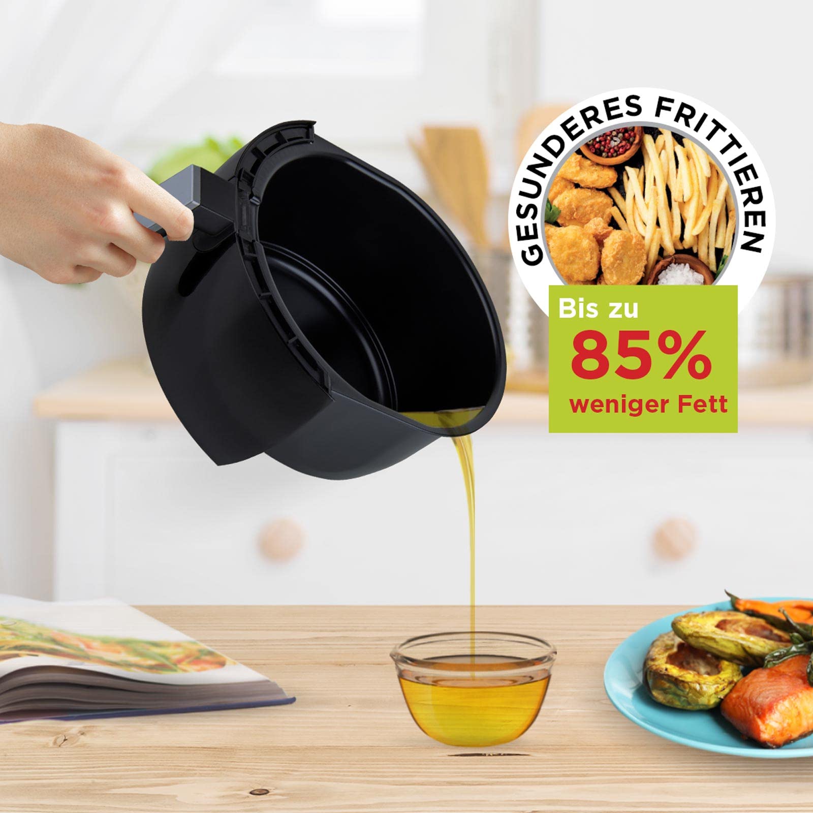ROSMARINO Frytkownica beztłuszczowa, 3,5 l, XL, Air Fryer z cyfrowym ekranem dotykowym LED, 9 programów, podgrzewanie wstępne i utrzymywanie ciepła, tryb shake, 100 przepisów po niemiecku, 1500 W
