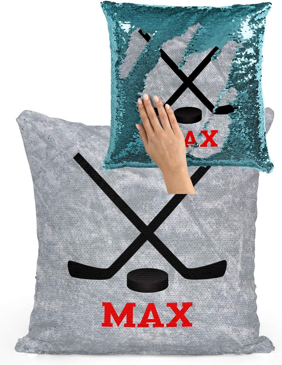 Violet Victoria & Fan Star Personalized Hockey Sticks Sequin Mermaid Flip Pillow Customized with Your Name