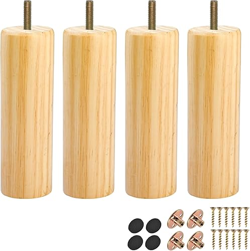 6 inch / 15cm Solid Wood Furniture Legs, Btowin 4Pcs Minimalist Modern Round Woo