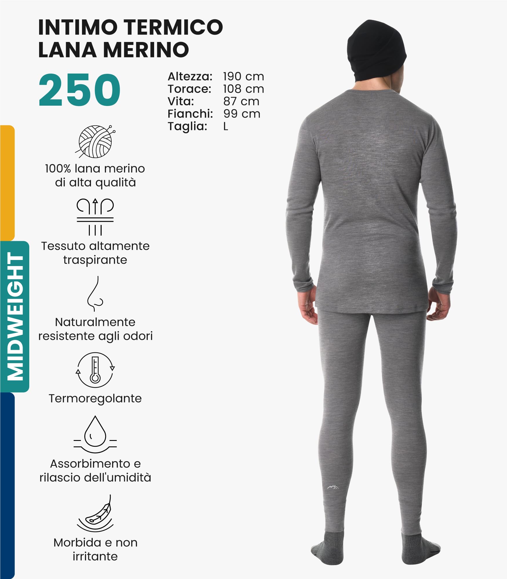 Merino.tech Completo Termico Lana Merino Uomo + Berretto - Intimo Termico Lana Merino Peso Medio Maglia, Pantaloni e Berretto | Lite, peso medio, opzioni pesanti, naturalmente resistente agli odori, traspirante per il freddo, ideale per escursioni, sci