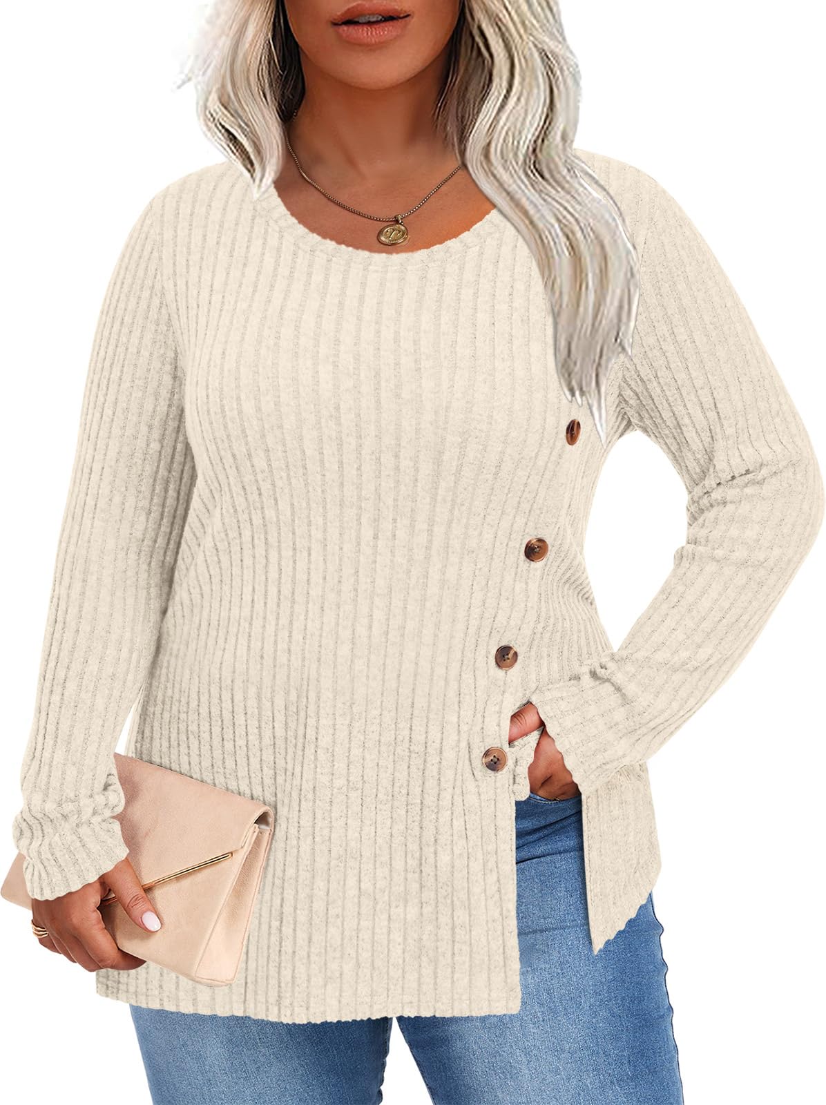HOTGIFT Women Plus Size Top Knit Long Sleeve Sweater Button Tunic XL-5XL