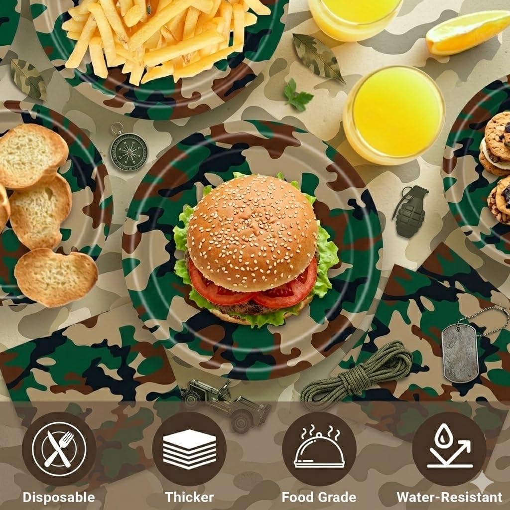 150PCS Camo Birthday Party Supplies for 50 Guests, Camouflage Paper Plates and Napkins Set, Army Military Theme Party Decorations with 9" Dinner Plates, 7" Dessert Plates and Napkins