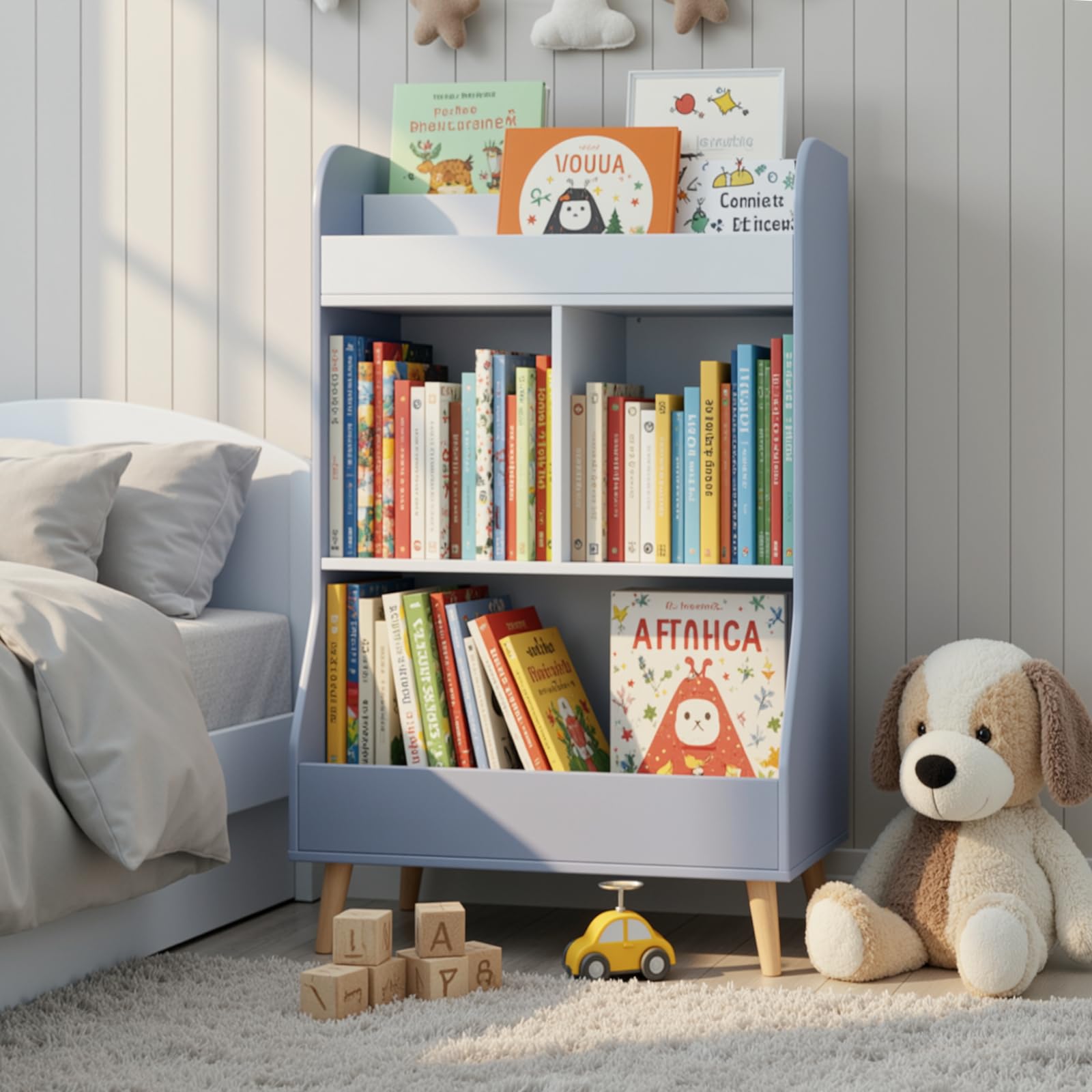 MAMIZO Estantería Infantil 5 Estantes,Mueble Juguetes Organizador, Estantería Montessori,Librería Infantil,para Guardería Sala de Juegos,con 2 Estantes, 3 Compartimentos,94 × 62 × 34 cm,Azul