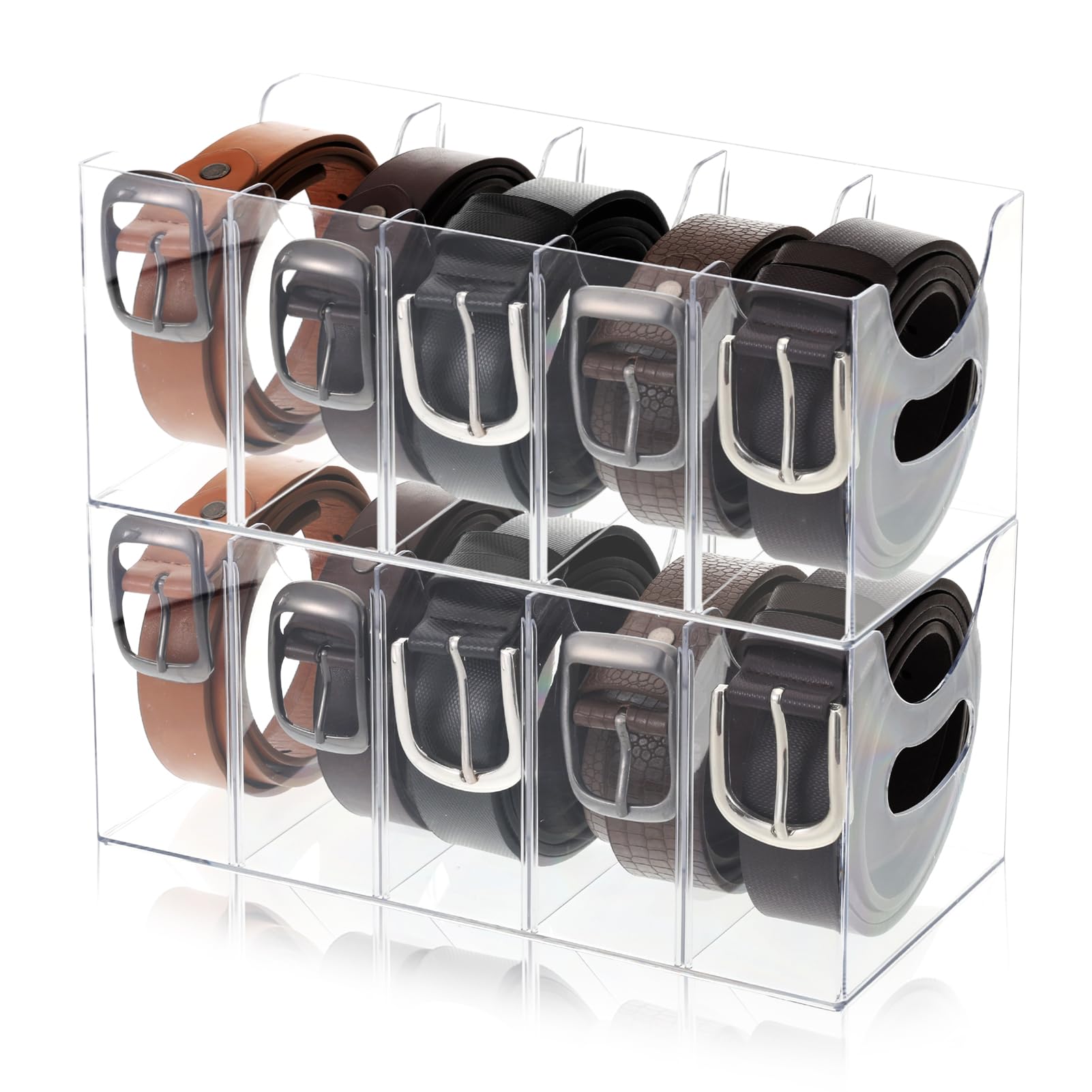 Photo 1 of 2 Pack Acrylic Belt Organizer Clear Stackable Belt Storage Holder Purse Organizer for Closet - 5 Compartments with Removable Dividers,Display Case Pantry Cabinet Organizers for Ties,Socks,Underwear