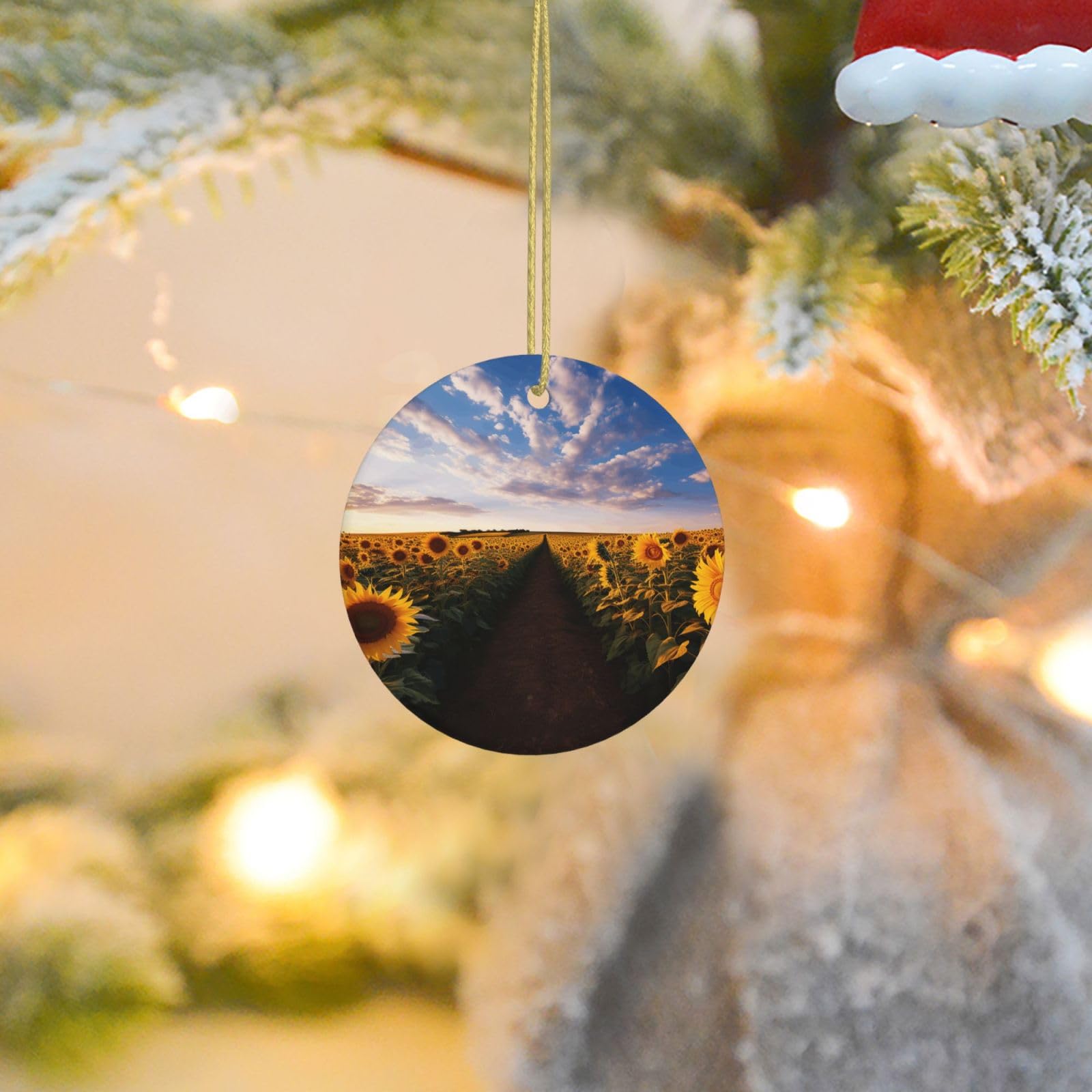 Christmas Tree Ornaments Ceramics Christmas Round Decorations Field of Blooming Sunflowers Ceramics Ornaments Circle Pentagram Xmas Tree Hanging Pendant for Christmas Tree Party Holiday Home Decor