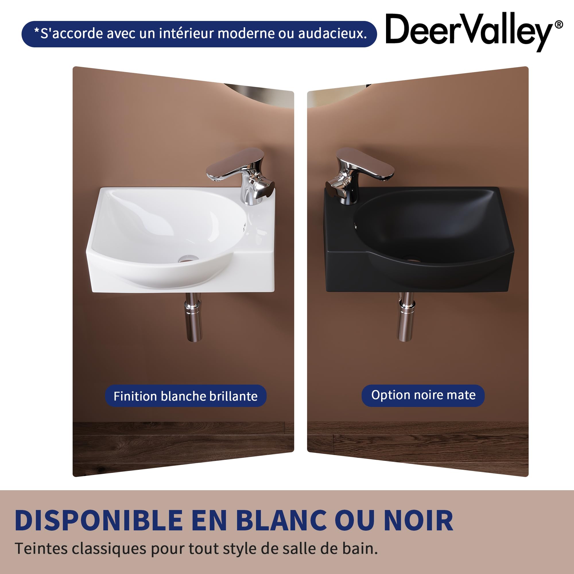 Lavabo mural DeerValley 305×240 mm, vasque rectangulaire en céramique blanche, cuve à gauche avec trou de robinet à droite, idéal pour les petites salles de bain