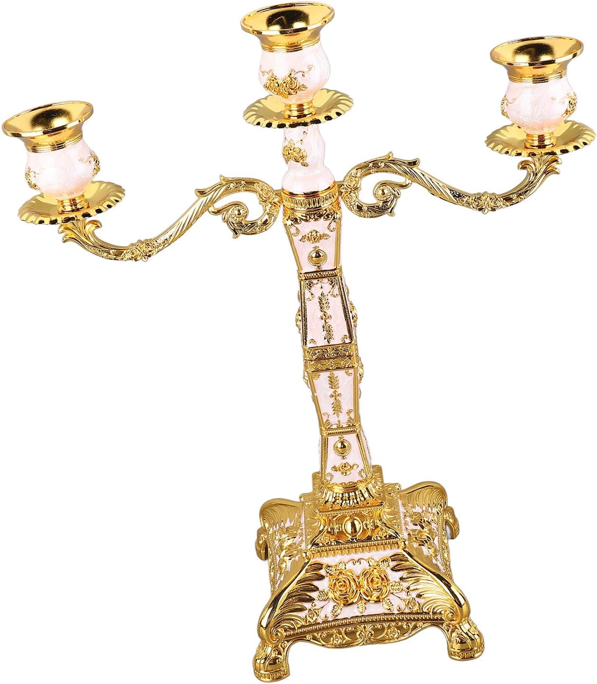 Zerodis Metal Arms Candelabra Alloy Vintage Candle Holder Elegant Decor for Romantic Dinners and Weddings (Gold and White Three Heads)
