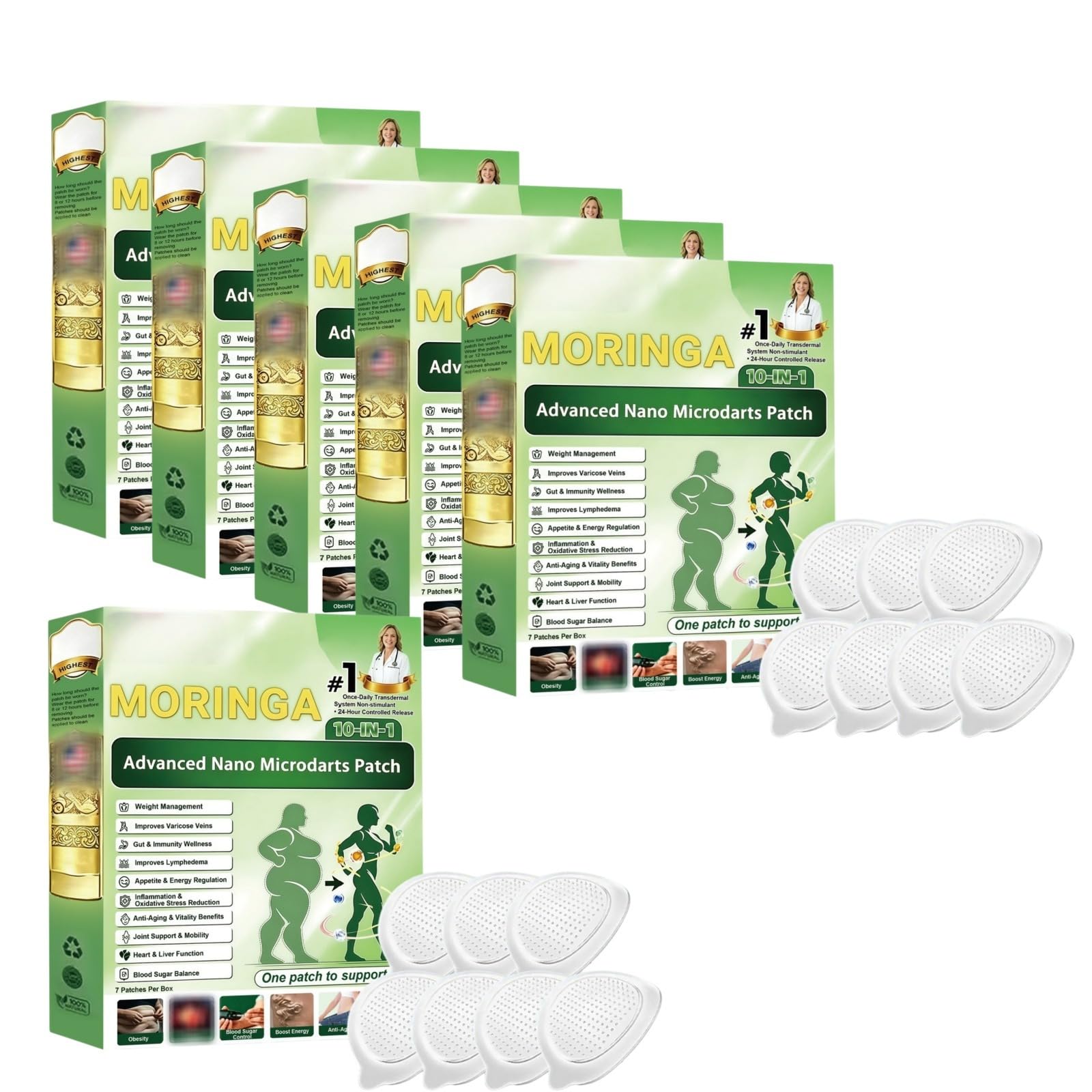Moringa 10 in 1 Patches,Advanced Nano Microneedle Patch, Patch dimagrante naturale per perdita di peso, pancia piatta, facile da applicare, invisibile, da uomo e donna, patch per tutti i tipi di corpo