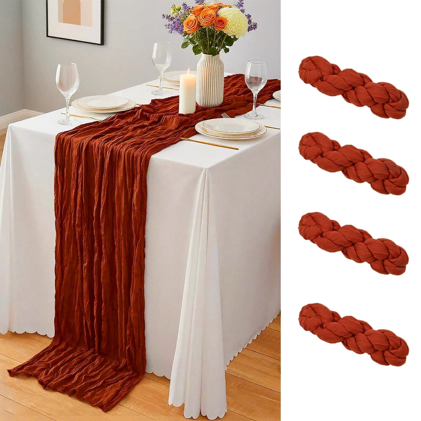 4 Pack Terracotta Cheesecloth Table Runner, Semi Sheer Gauze Table Runners 21.5 x 120 Inch,10Ft Bulk Cheese Cloth Fabric Runner for Wedding, Party, Baby Shower, Bridal Shower