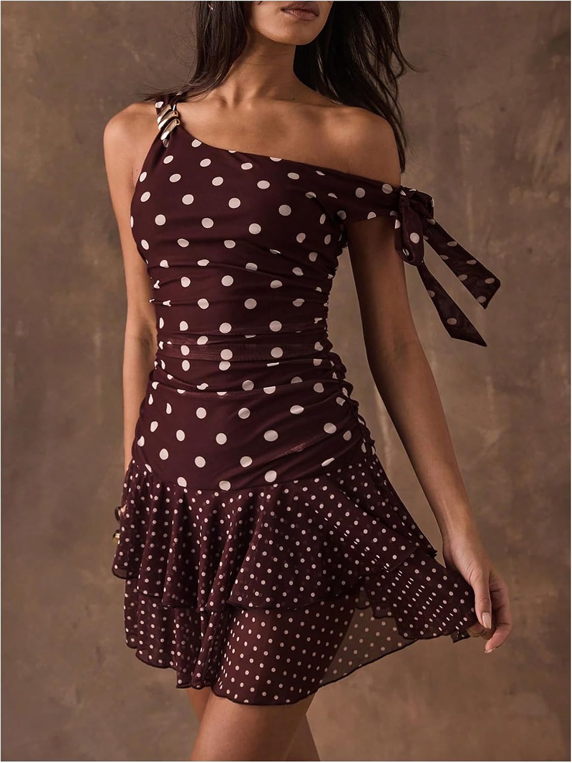 Floerns Women's Polka Dots Off The Shoulder Mini Dress Ruched Sleeveless Tiered Ruffle Party Dresses