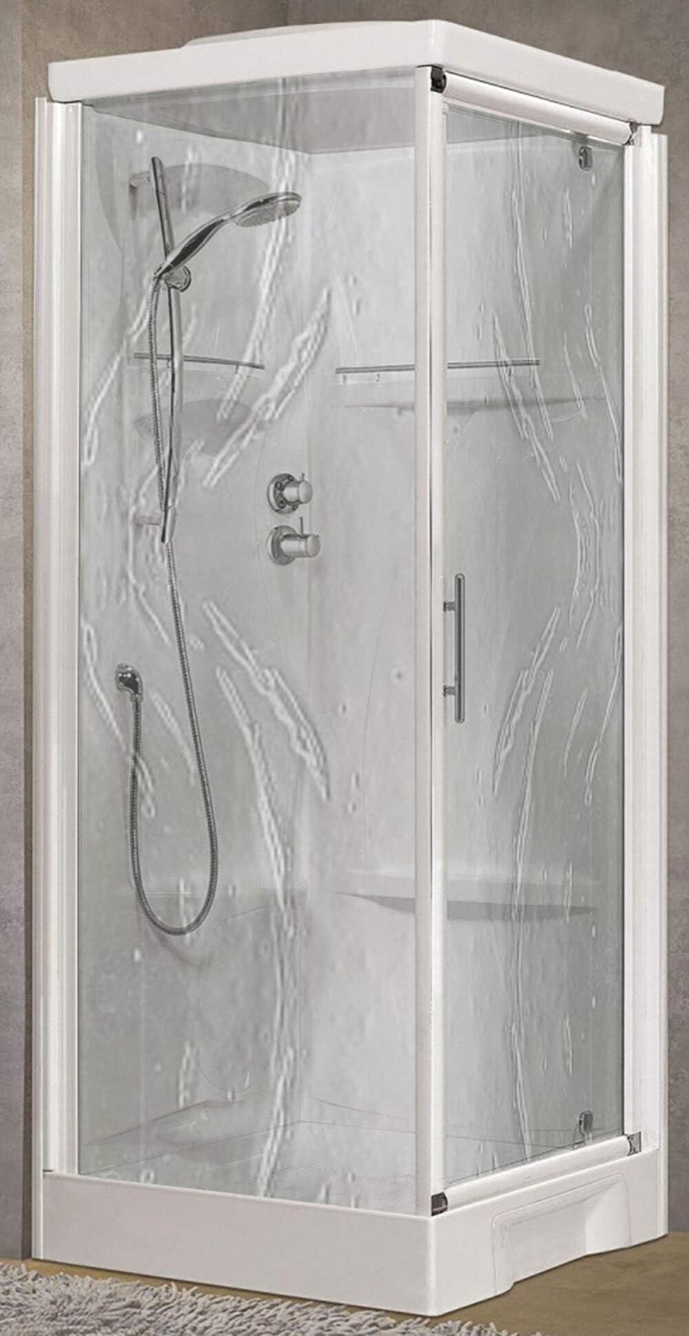 Novellini New Holiday GF90 Standard con techo 90 x 90 cm Cabina ducha equipada 1 puerta batiente + fijo ángulo derecho izquierdo mezclador mecánico cristal Aqua perfil blanco altura 217,5 cm