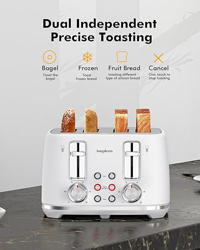 Miniatura 2 de Tostadora de 4 rebanadas, ranuras extra anchas, pan de frutas tostadas, bagel y gofre, bandeja extraíble para migas, color blanco retro