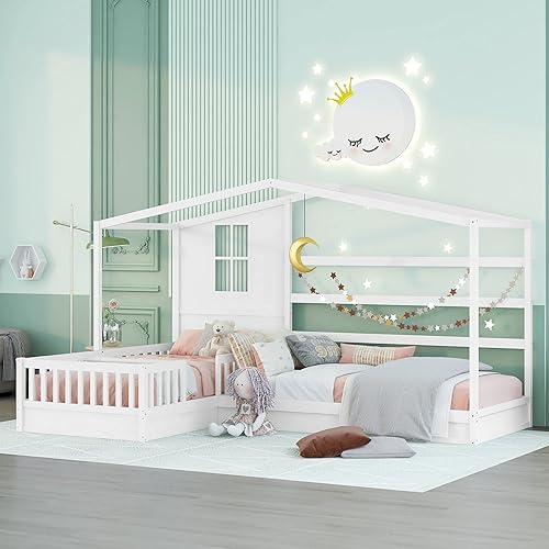 Cama de casa en forma de L para 2 niños marcos de cama doble individual para niños con techo ventanas valla y diseño de listones cama doble