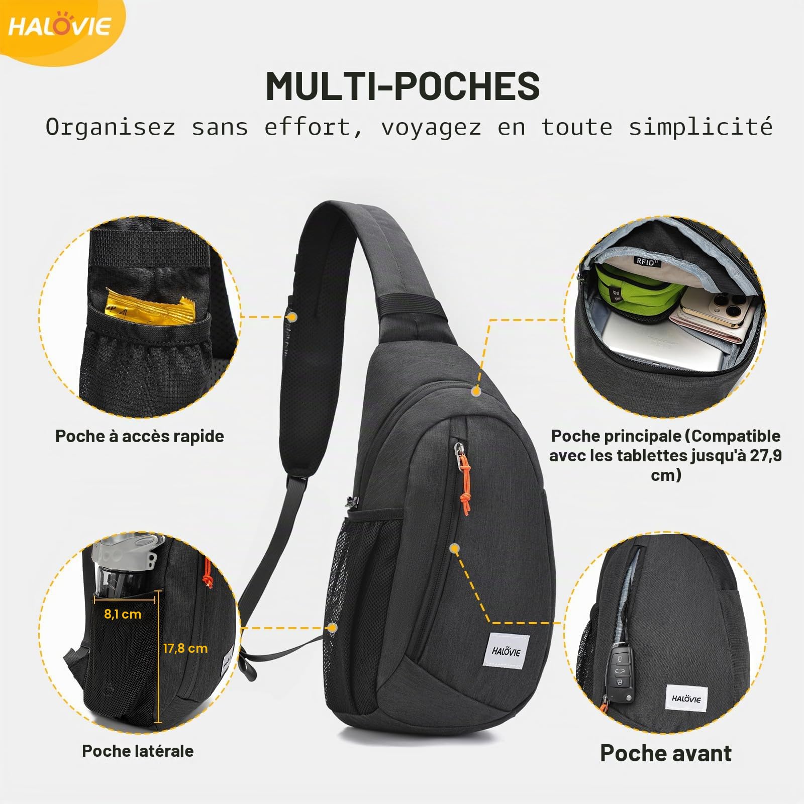 HALOVIE Sac Bandoulière Sacoche Homme Antivol Sac de Poitrine Petite Léger Bandouliere Sacs à Dos Porté Travers pour Voyage Randonnée Sport