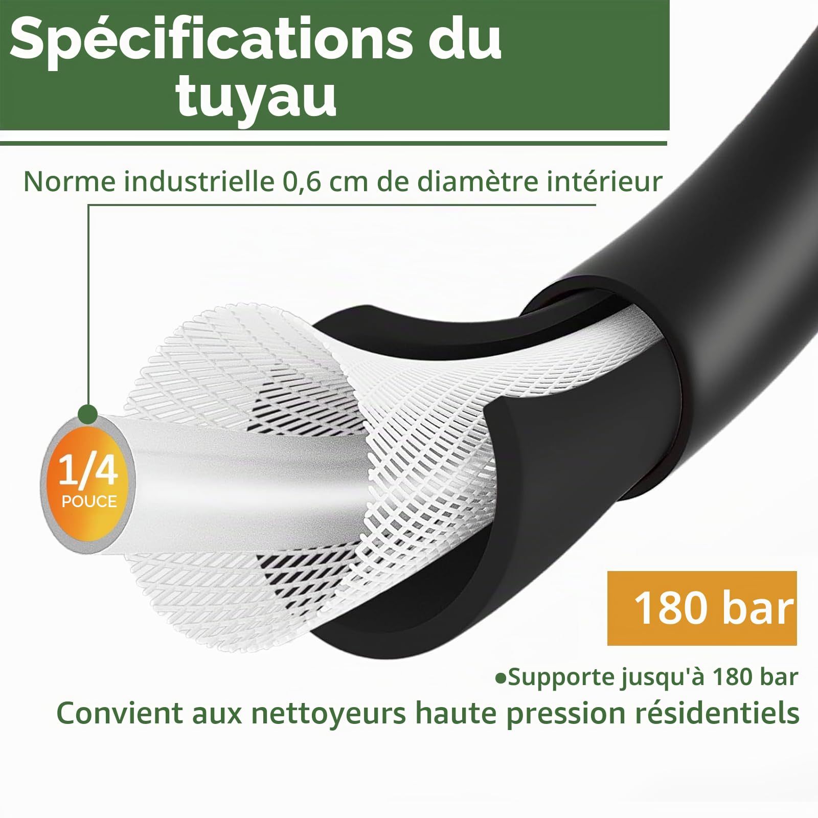 Bear Force - Tuyau haute pression de rechange de 10 m x 180 bar, compatible avec le nettoyeur haute pression Black & Decker PW1500 PW1700 / AR Blue Clean série 200~500