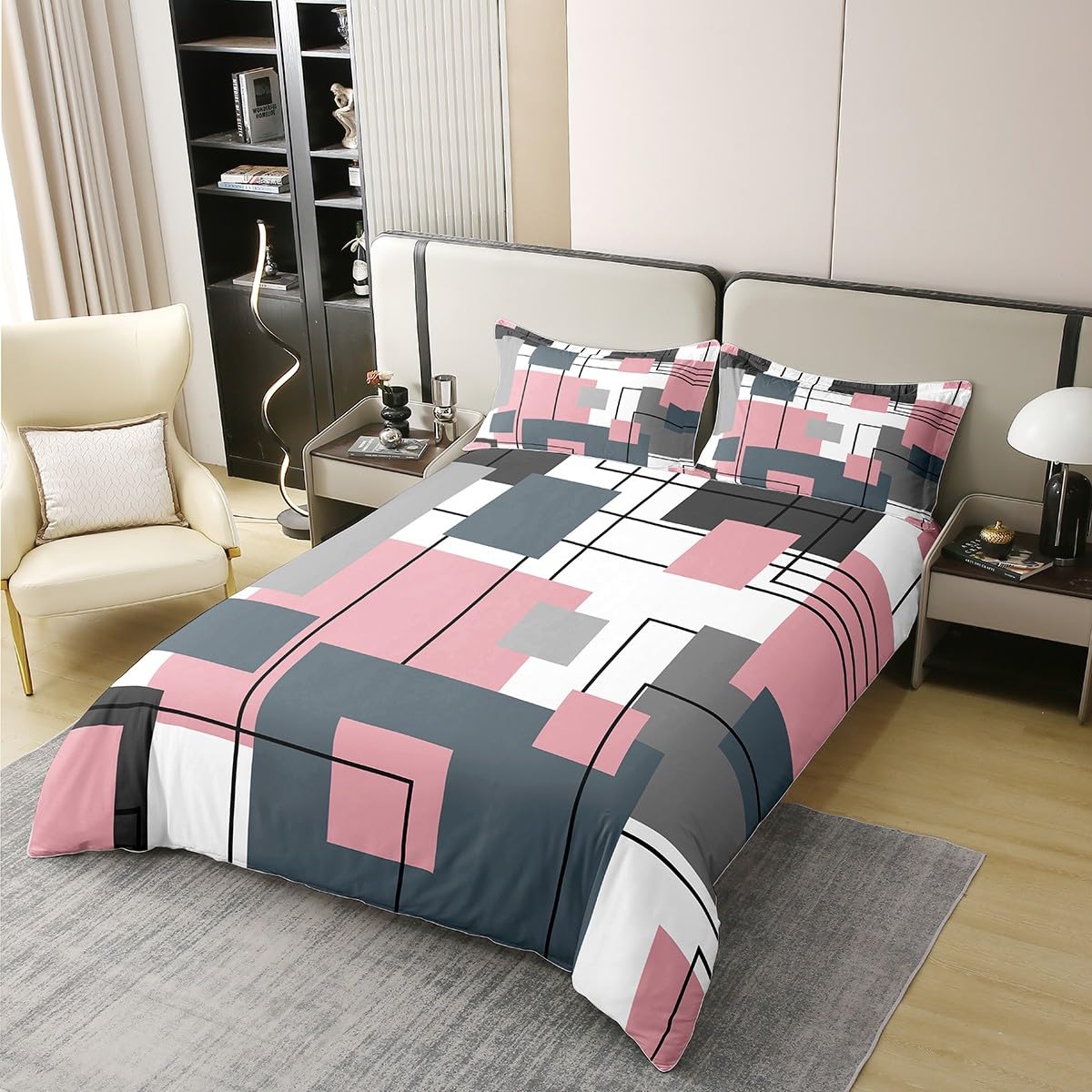 100% Cotton Black White Grey Pink King Bedding Set Geometric Square Comforter Cover for Kids Girls Teen Women Bluish Gray Grid Duvet Cover Modern Abstract Lines Quilt Cover 2 Pillow Cases - Image 3