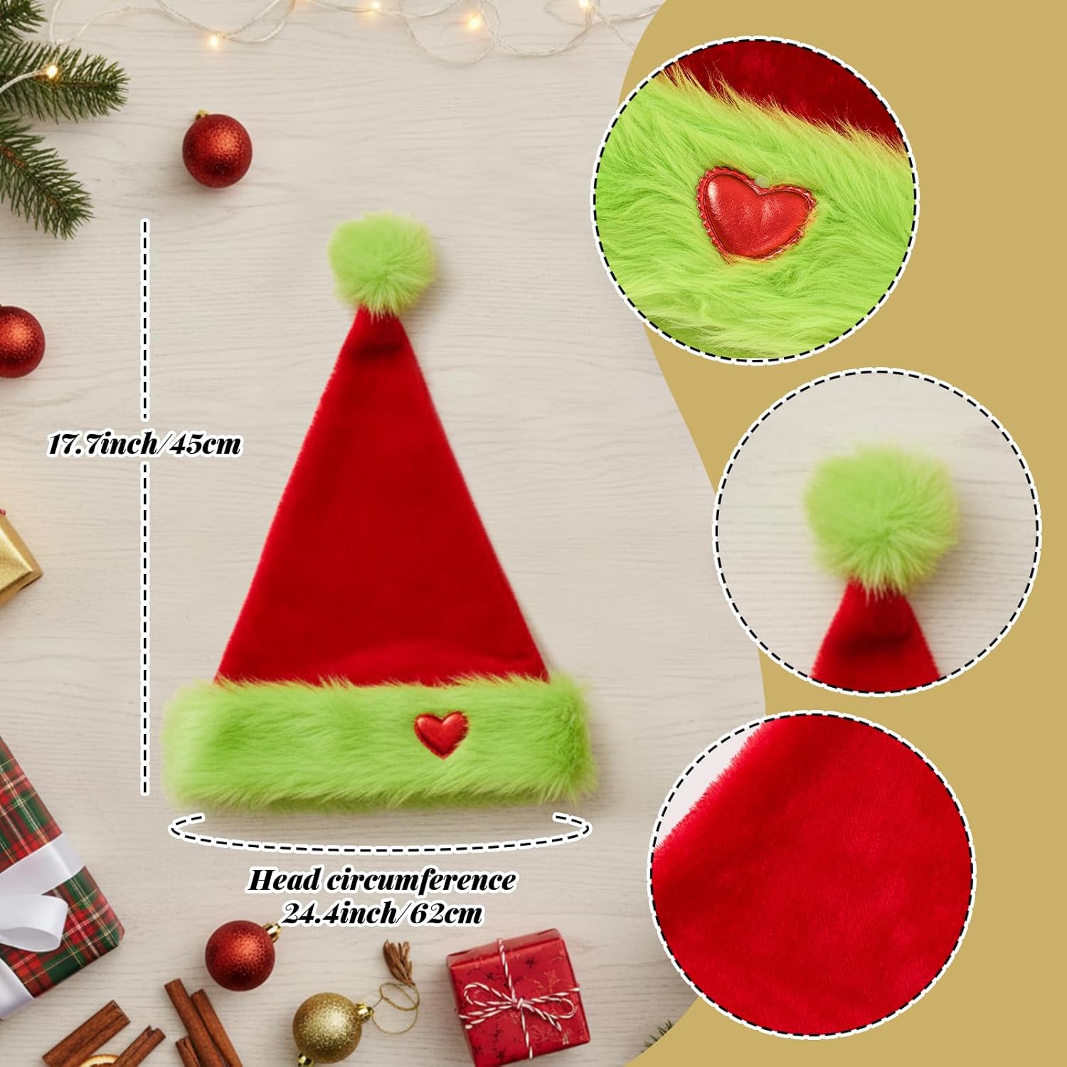 Haysandy Christmas Green Furry Hat with Heart Santa Hat Fur Trim Adult Xmas Classic Santa Cap for Christmas Winter Festive Holiday Gift Women Men New Year Role Playing Party Photo Prop - Image 2