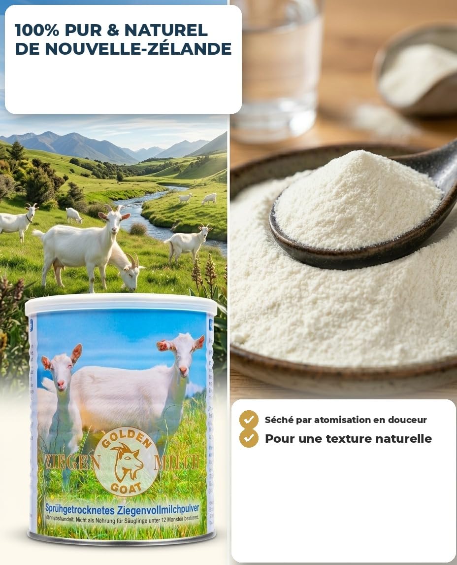 Golden Goat Lait de Chèvre en Poudre 3x 400 g — Poudre de lait entier de chèvre de Nouvelle-Zélande — Lait de chèvre en poudre pour café, cuisine & substitut de lait — Aussi pour chien & chat