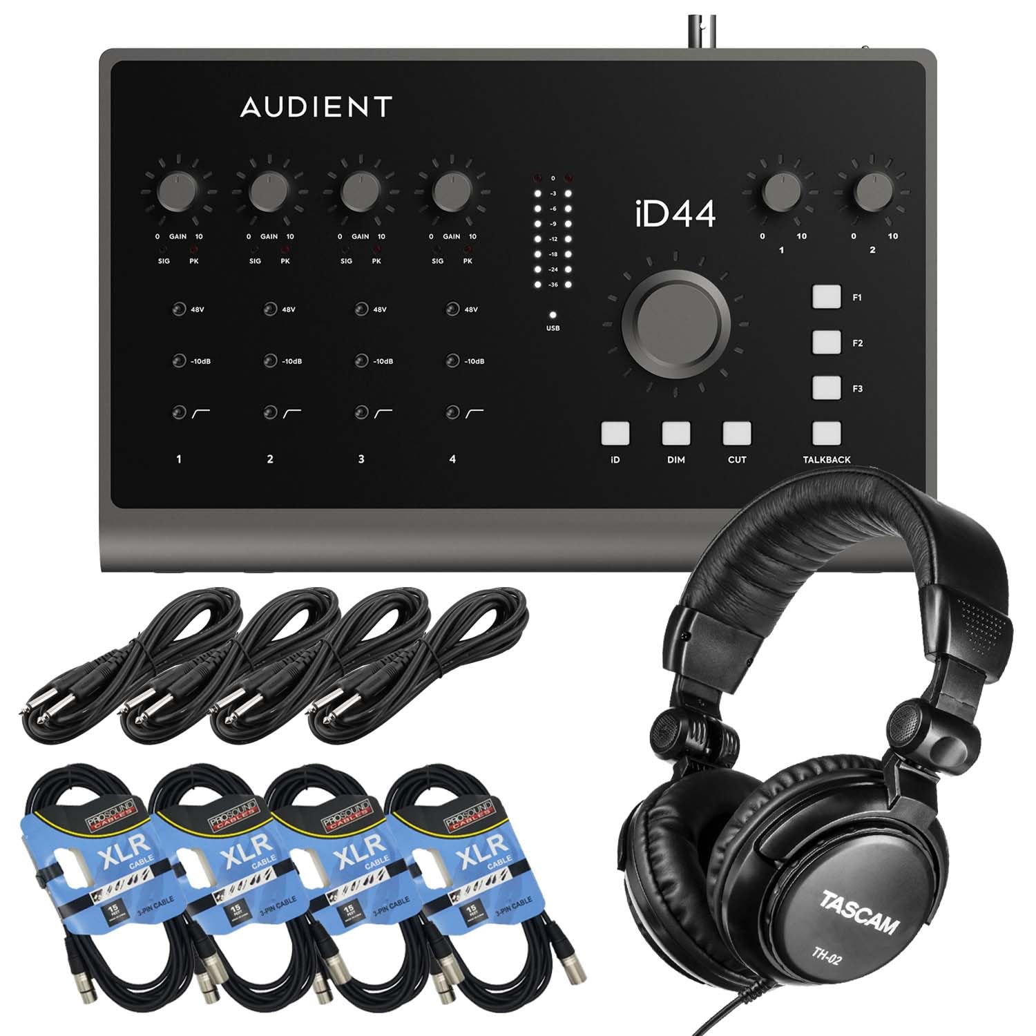 Audient iD44 MkII 20×24 USB Audio Interface, (4) XLR Cables, (4) 1/4 Cables, TH02 Bundle