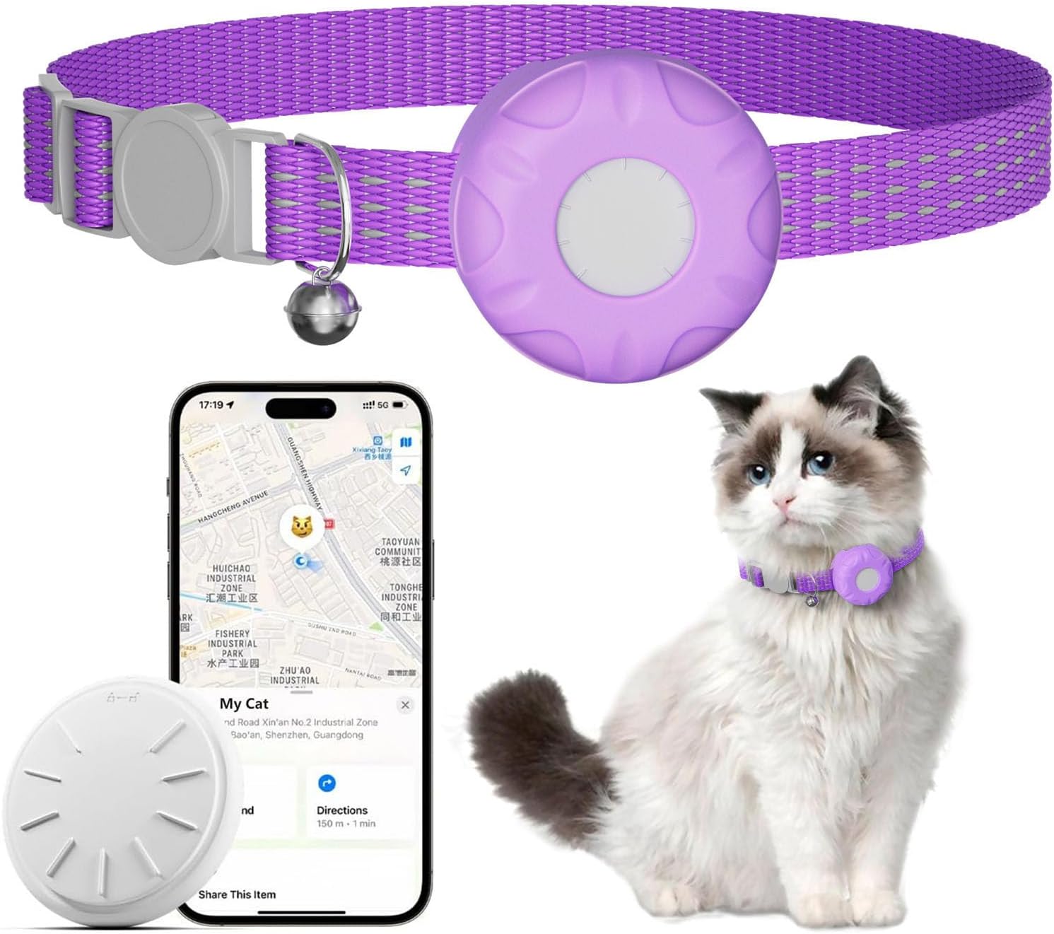 Cat Tracker,No Monthly Fee GPS Trackers for Cats Work with Apple Find My App(iOS Only),Real-Time Location Tracking,Cat Tracker GPS Collar with Safety Elastic Buckle-Purple