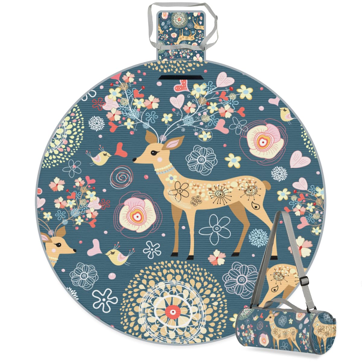 Shimoshe Fabulous Flower Deer Picnic Outdoor Blanket Foldable Waterproof Sandproof Beach Blanket Portable Water-Resistant Round Picnic Mat for Travel Camping Park Lawn