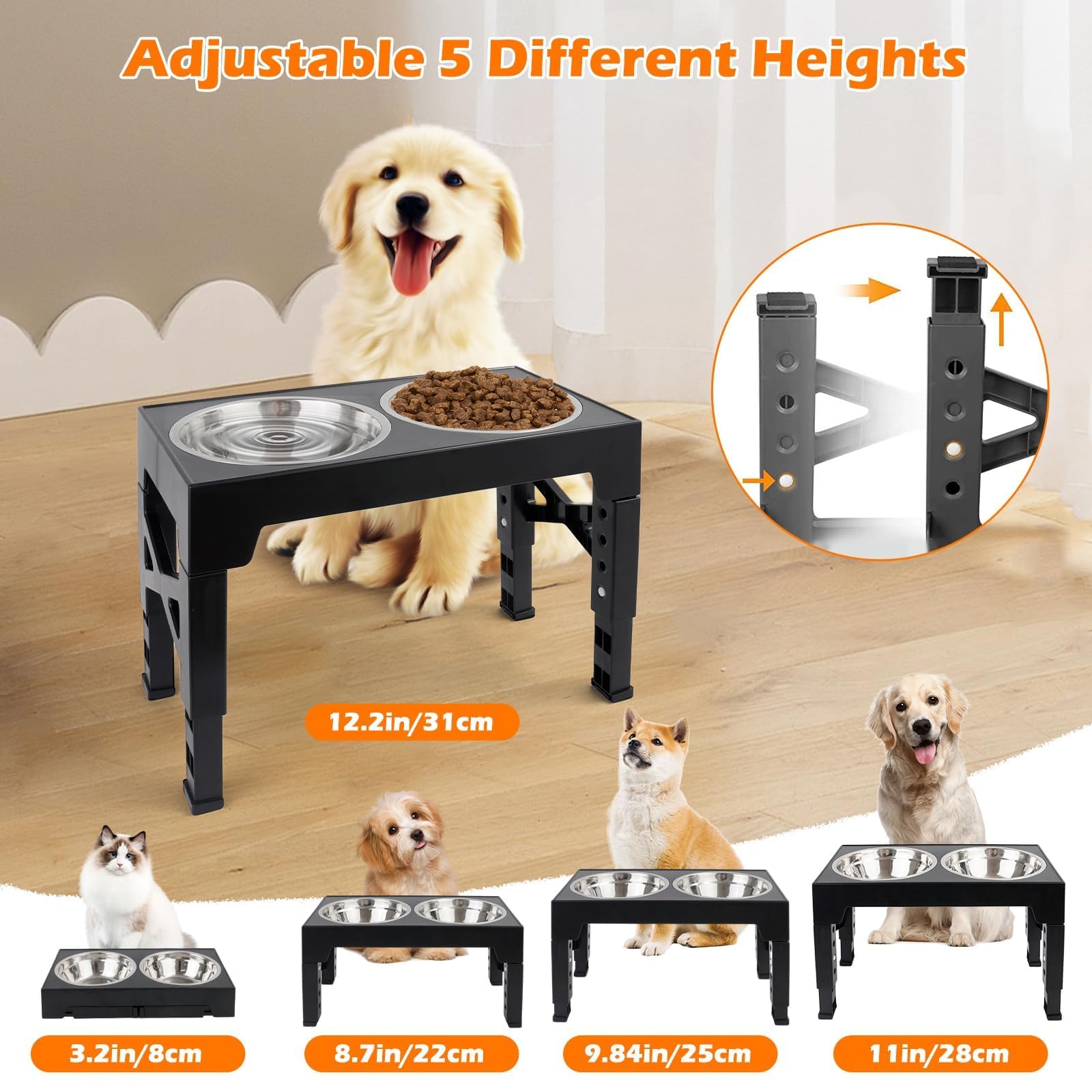 Gamelle Surélevée pour Chien et Chat - 5 Hauteurs Ajustables, 2 Mangeoires INOX Anti-Éclaboussure, Support Antidérapant pour Petits, Moyens et Grands Animaux