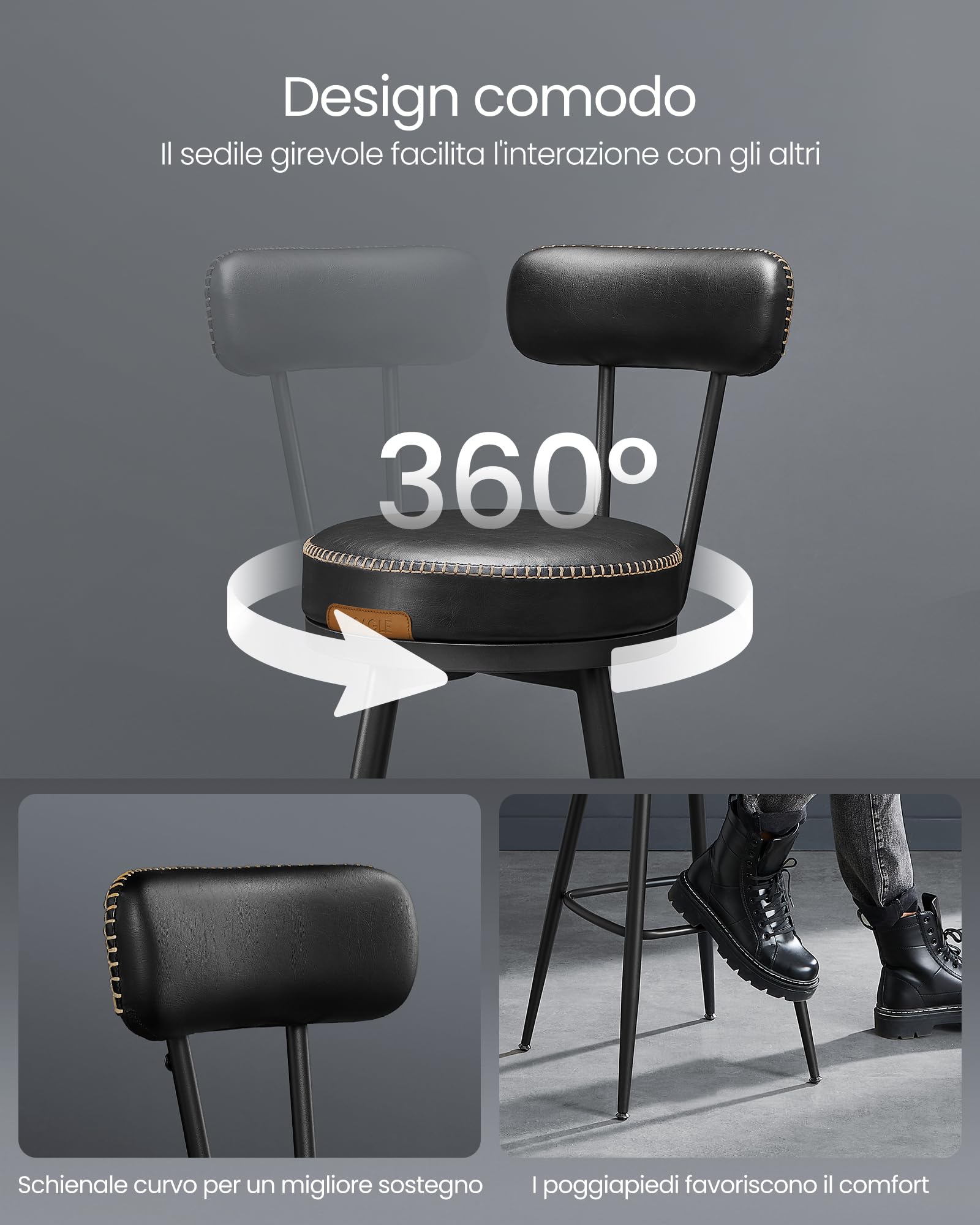 VASAGLE EKHO Collezione - Sgabelli Cucina Girevoli a 360° Set da 2, Sgabelli da Bar con Schienali, Rivestimento con Cucitura, Moderno di Metà Secolo, Altezza 65 cm, Nero Inchiostro LBC089B01