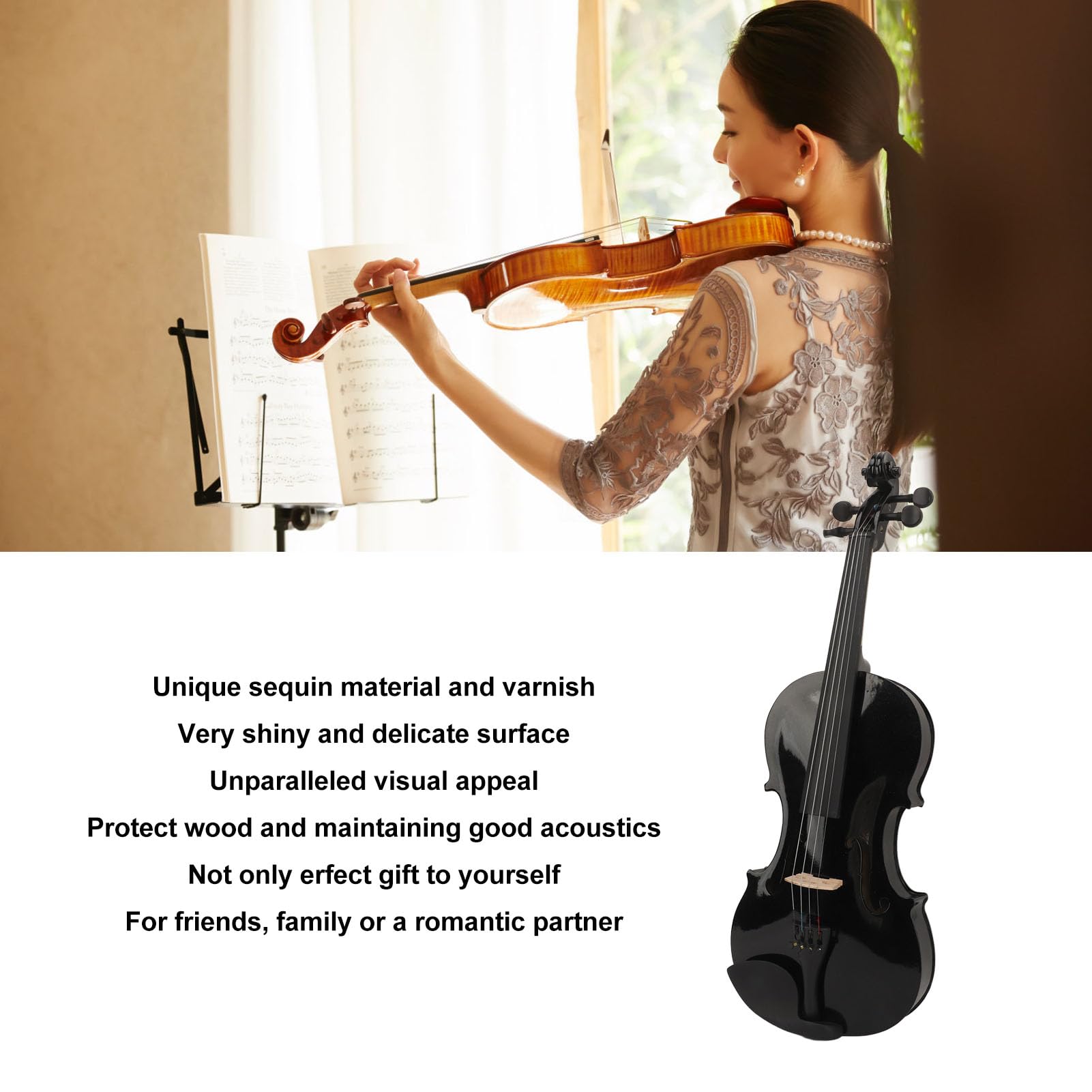 Violino Acustico 4/4 a Grandezza Naturale con Kit Iniziale, Custodia Rigida, Colofonia, Poggiaspalla, Archetto, Corde Extra, Sordina, Materiale Unico con Paillettes e Manuale,