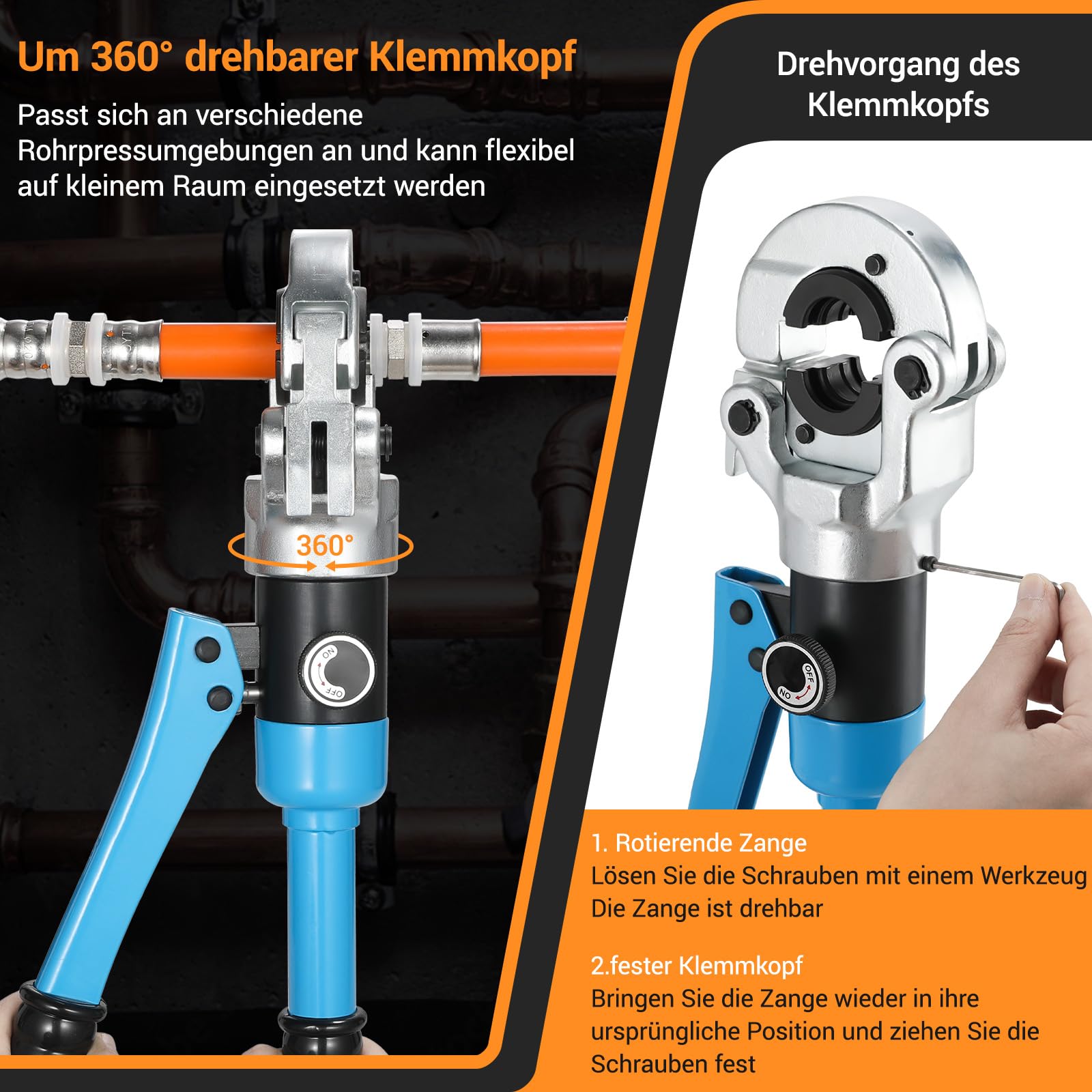 Alicates de presión profesional para el hogar, industria y jardín, plástico de aluminio, tubo PEX/PB, fuerza de prensado con cabezal giratorio 360°, 8T (crimpen TH16-32)