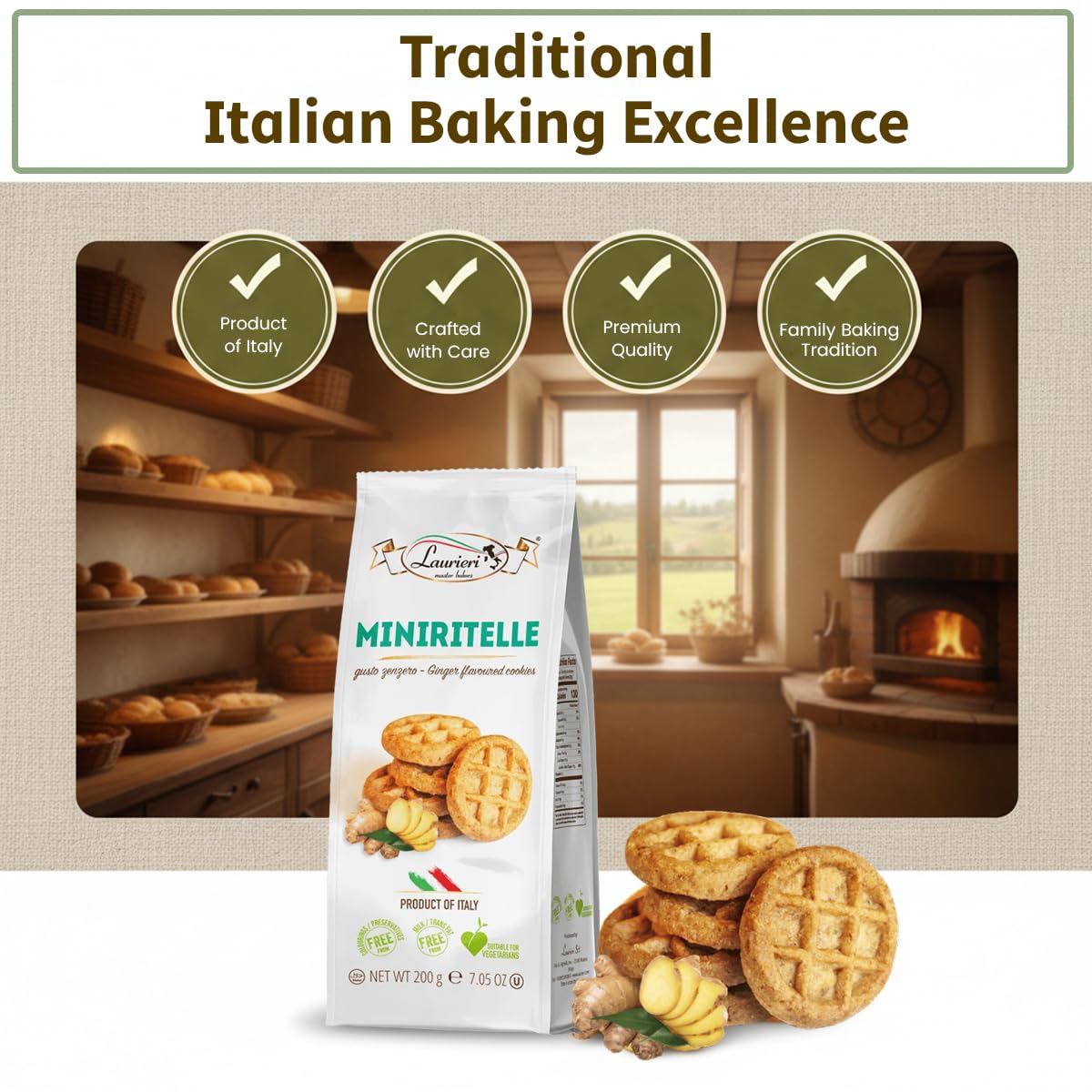 Laurieri MINIRITELLE Biscotti Ginger Italian Cookies, Kosher, Vegan 80g-6pk