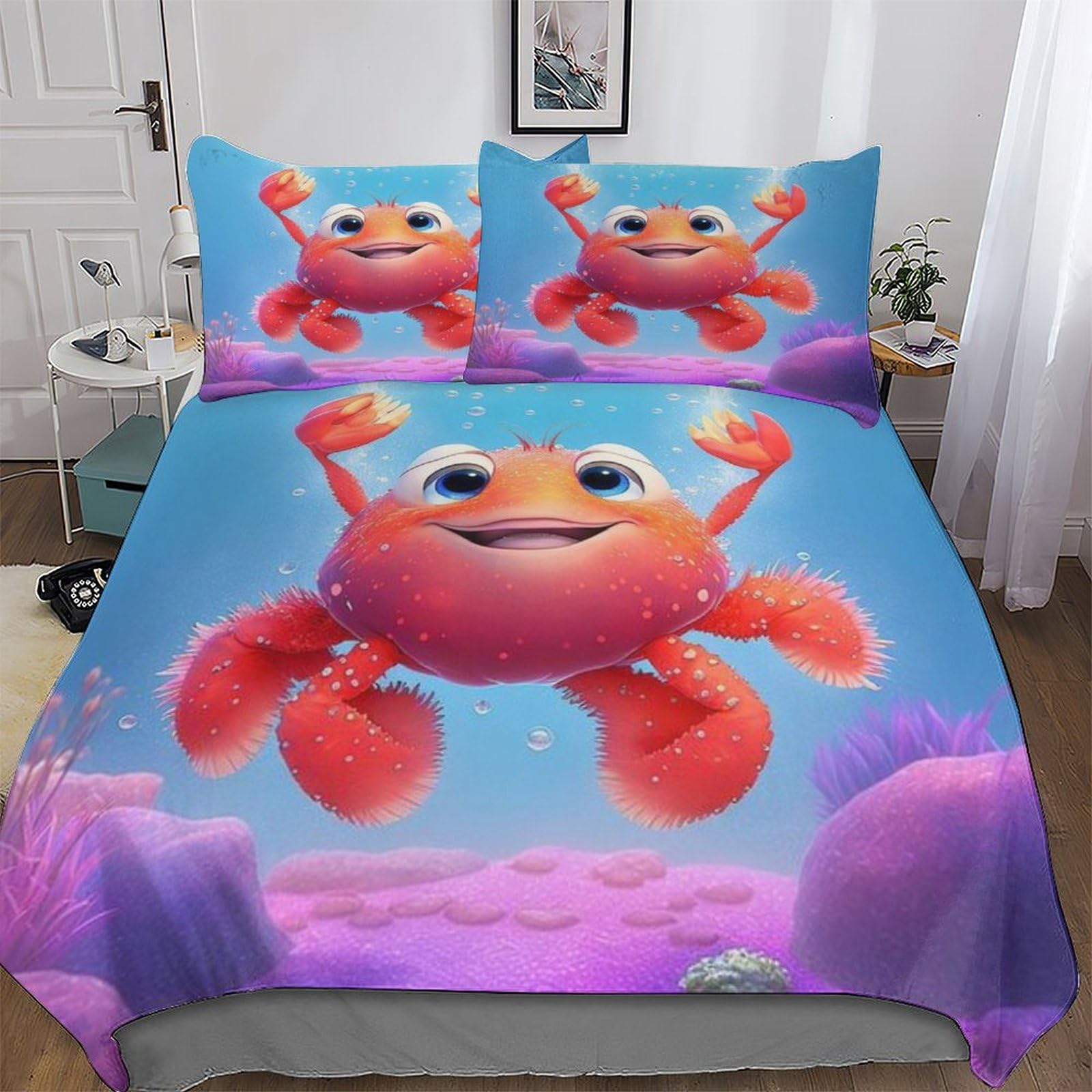 Housse couette crabe 3 pièces 220x240 cm parure lit microfibre