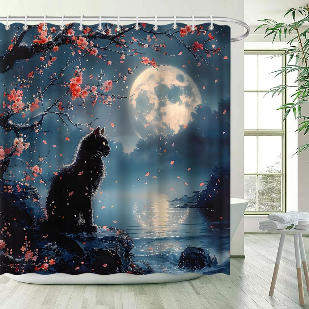 Black Cat Shower Curtain Kitten and Cherry Blossoms Trees Under The Full Moon Rustic Red Floral Farmhouse Ink Painting Bathroom Decor Curtains 94x70 inch with Hook